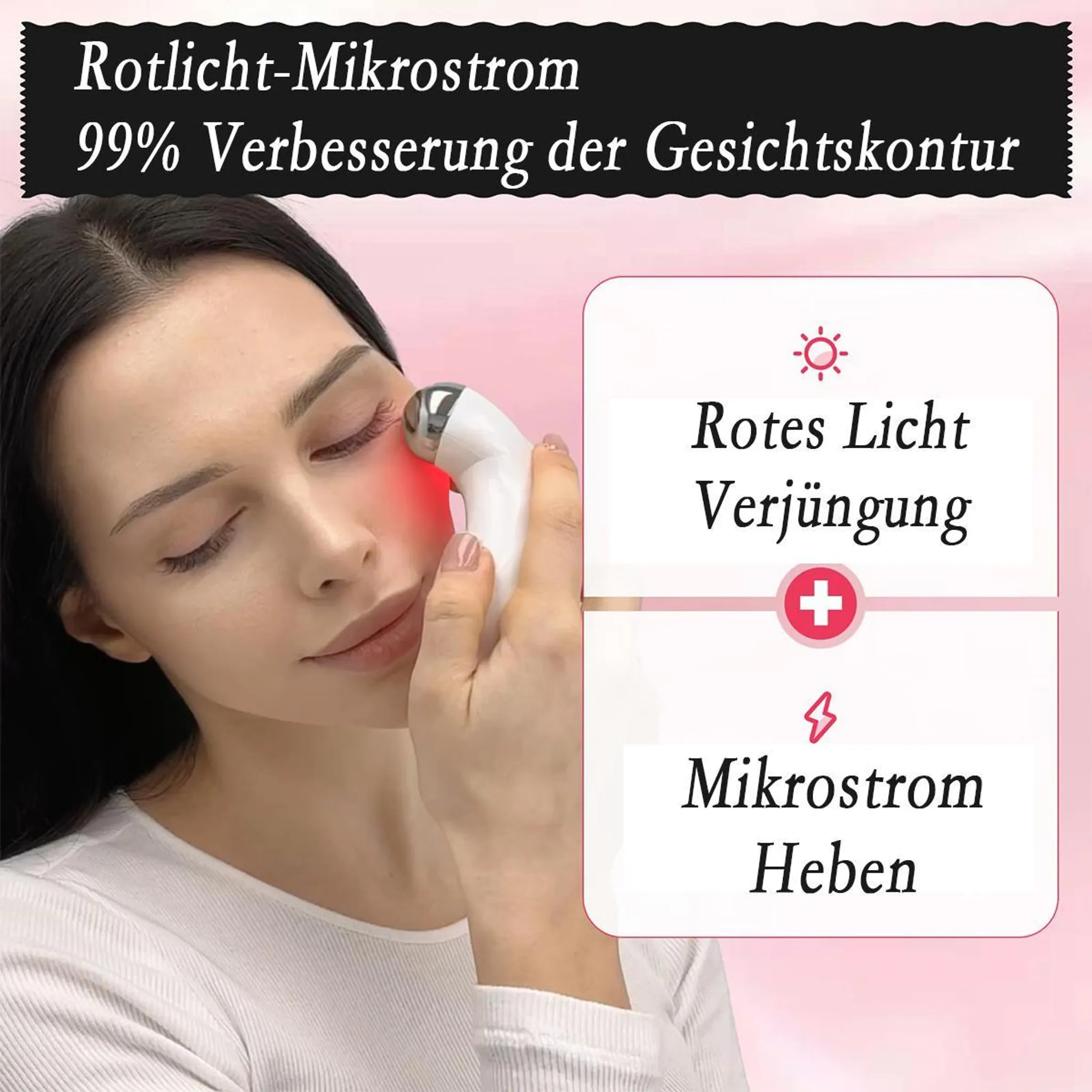 Frau mit Rotlicht-Gerät am Auge, Text "Rotes Licht Verjüngung".