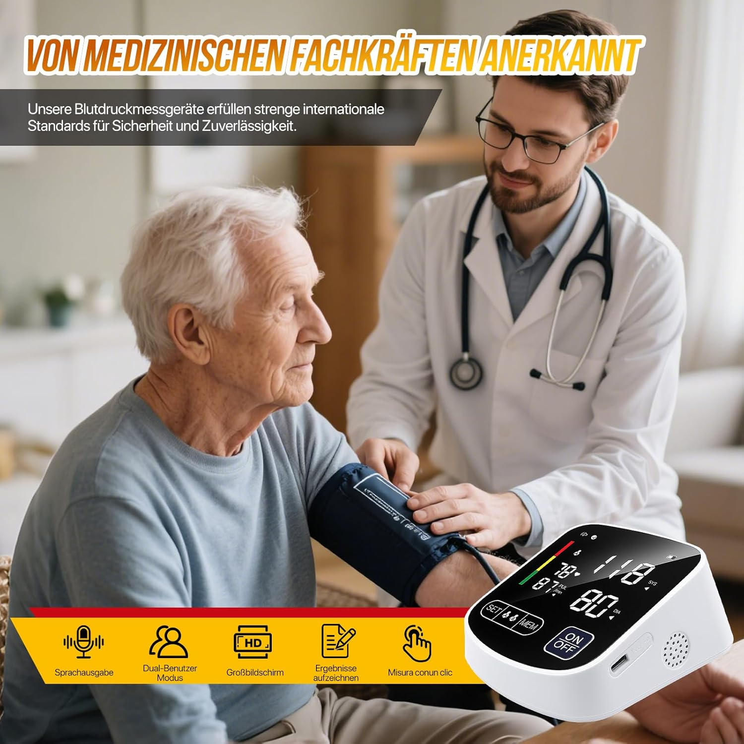 Ein Arzt misst den Blutdruck eines älteren Mannes mit einem digitalen Messgerät.