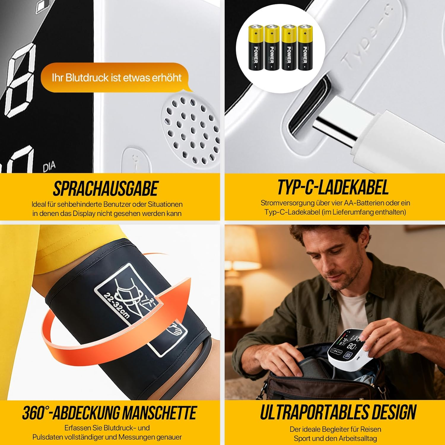 Blutdruckmessgerät mit Sprachausgabe, Typ-C-Ladekabel, Manschette und Mann.