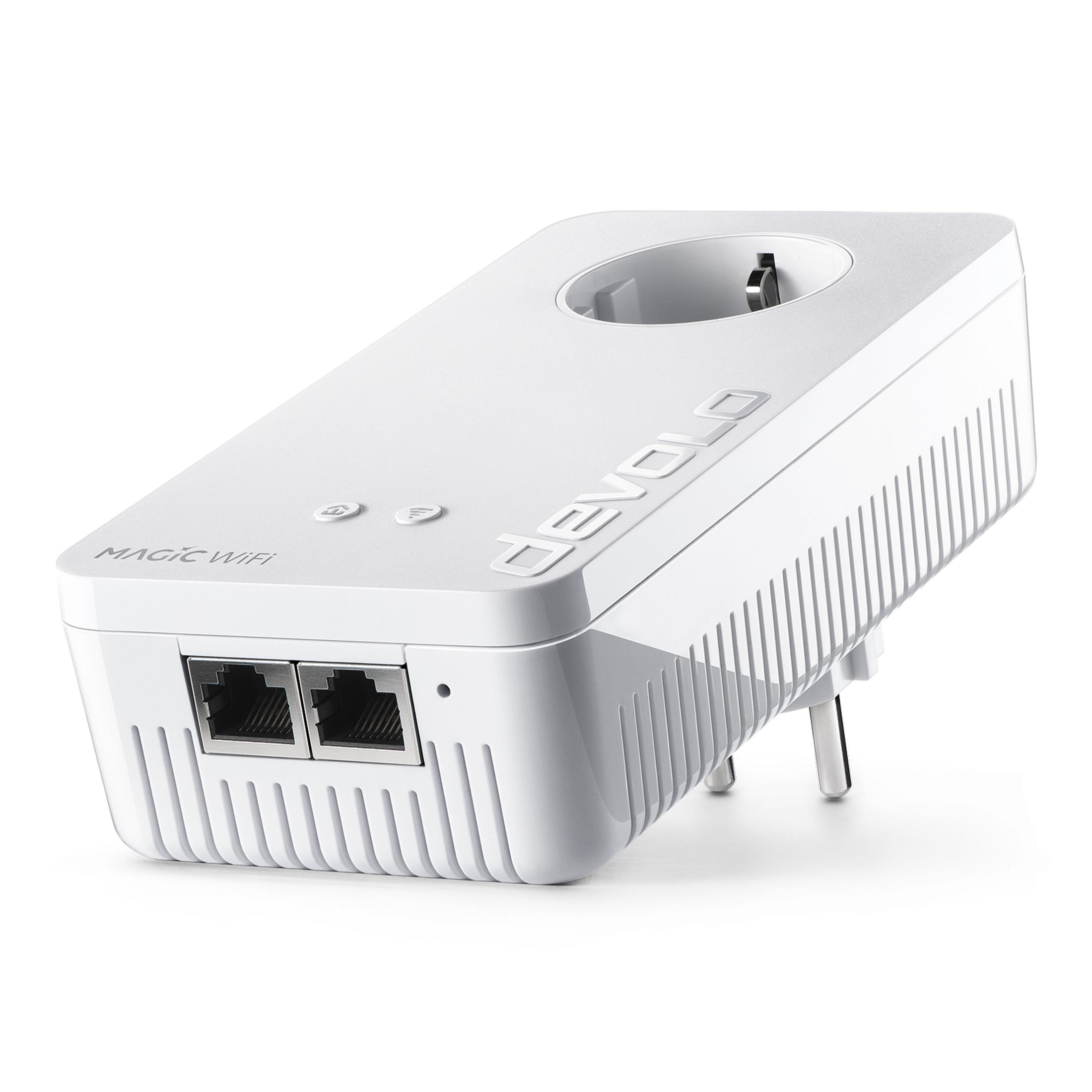 Ein weißer WLAN-Repeater mit zwei LAN-Anschlüssen und einem Stecker.