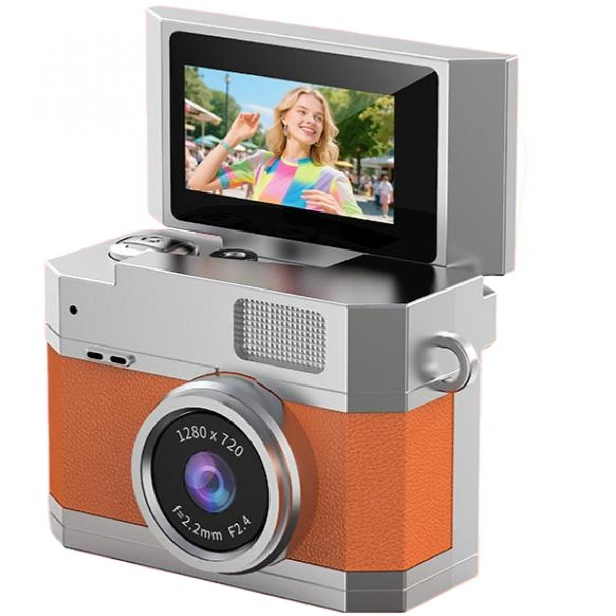 Orange und silberne Digitalkamera mit ausklappbarem Bildschirm, der eine lächelnde Frau zeigt.