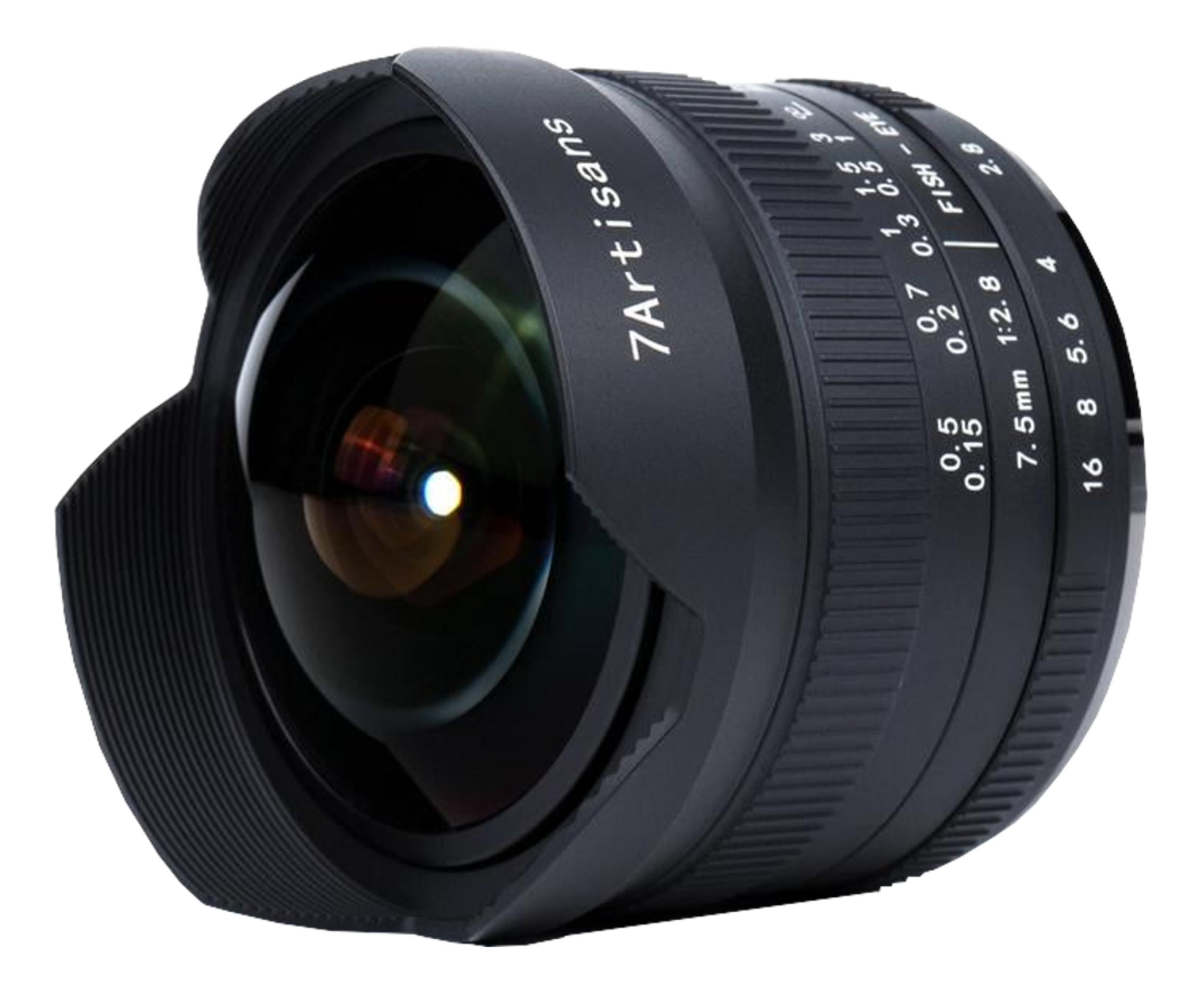 Een zwarte 7,5 mm fisheye lens met 7Artisans-branding.