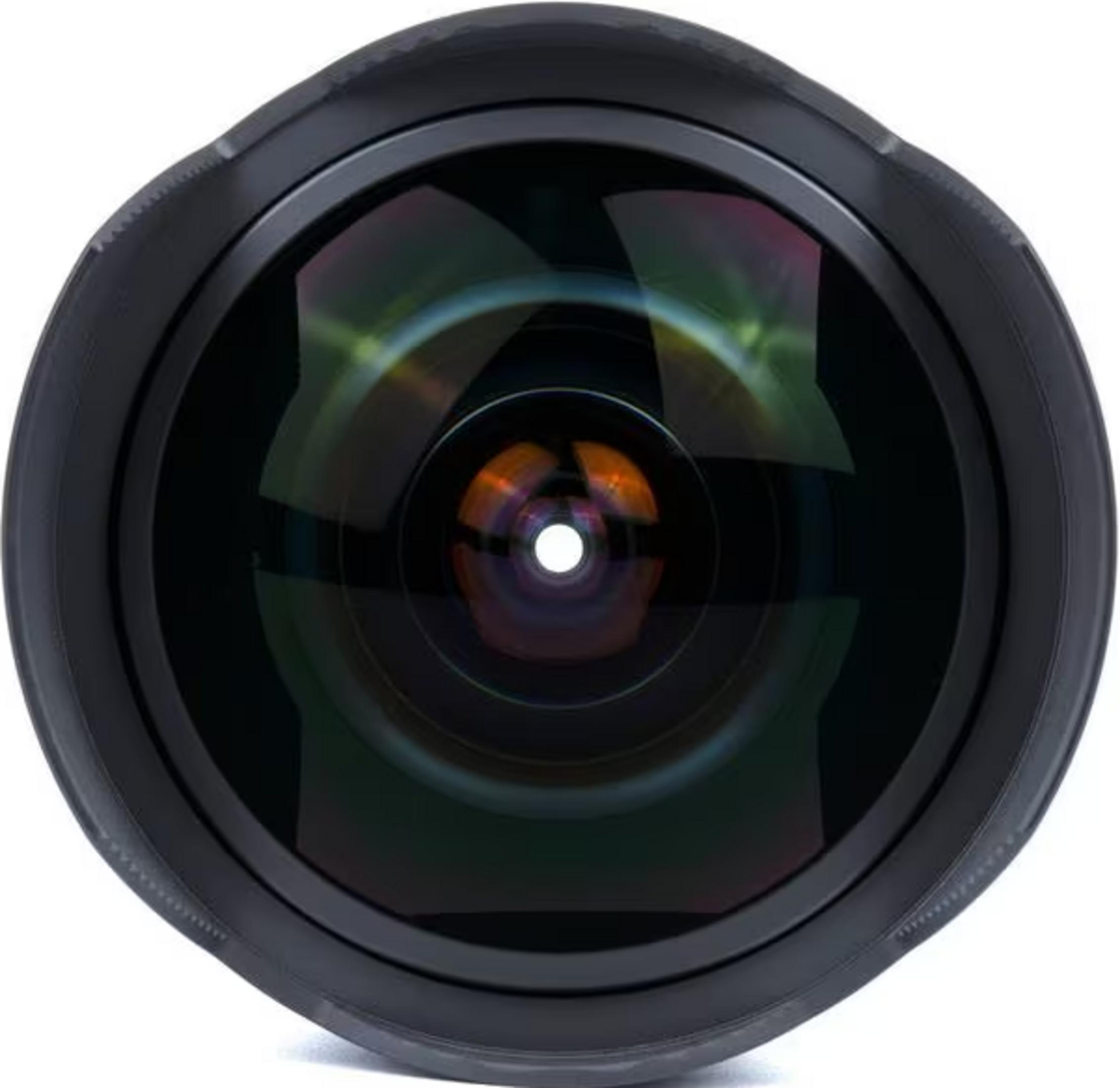 Close-up van een zwarte cameralens met reflecterende kleuren.