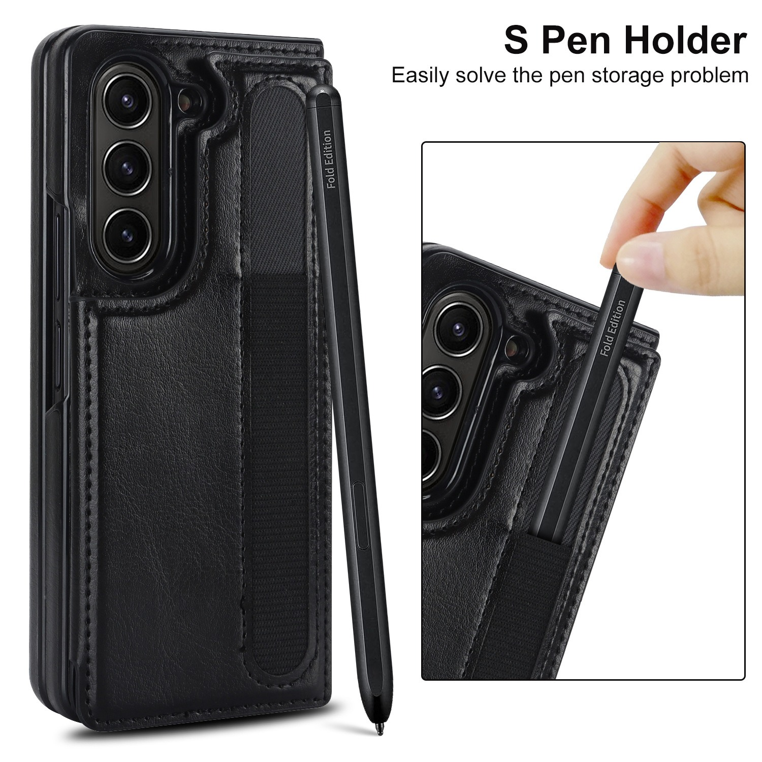Custodia in pelle nera con portapenne S Pen e S Pen.