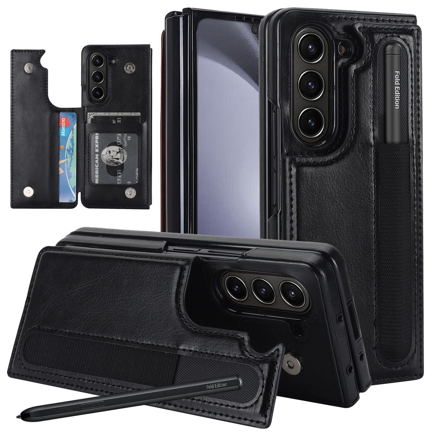 Custodia a libro in pelle nera per telefono pieghevole con stilo e slot.