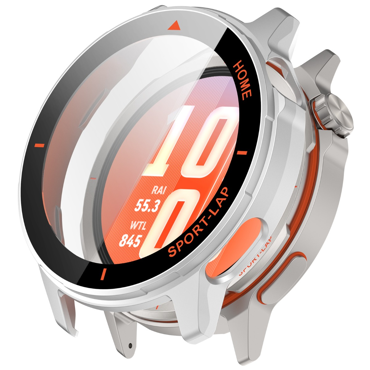 Smartwatch grigio con accenti arancioni e display digitale.