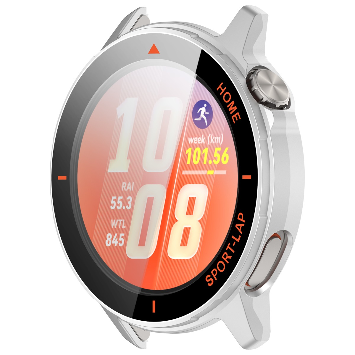 Uno smartwatch bianco con display arancione che mostra ora e dati fitness.