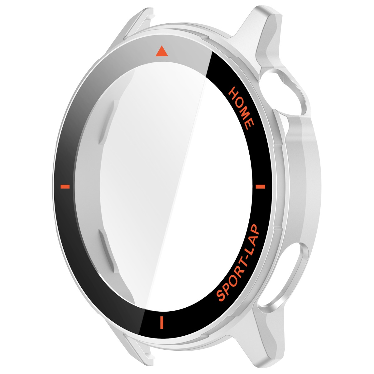 Una protezione bianca per smartwatch con anello nero, testo e indicatori arancioni.