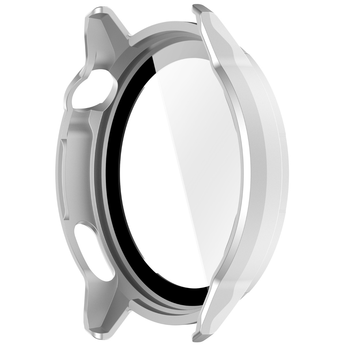 Una custodia protettiva argentata per uno smartwatch con display chiaro.