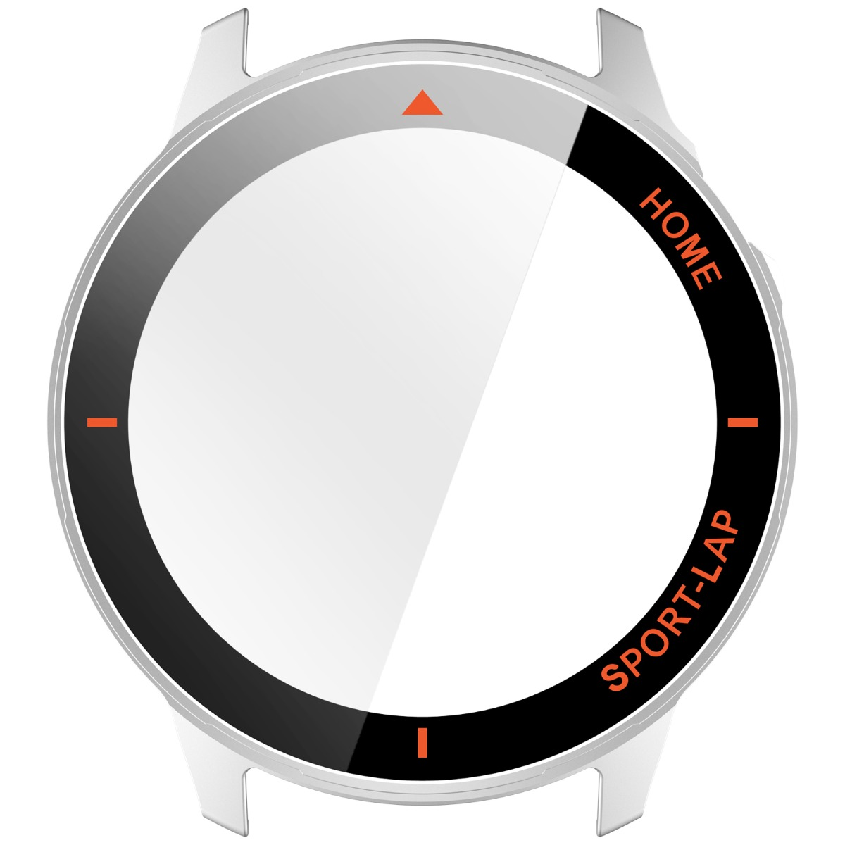 Quadrante smartwatch argentato con lunetta nera e accenti arancioni. Testo: HOME e SPORT-LAP.