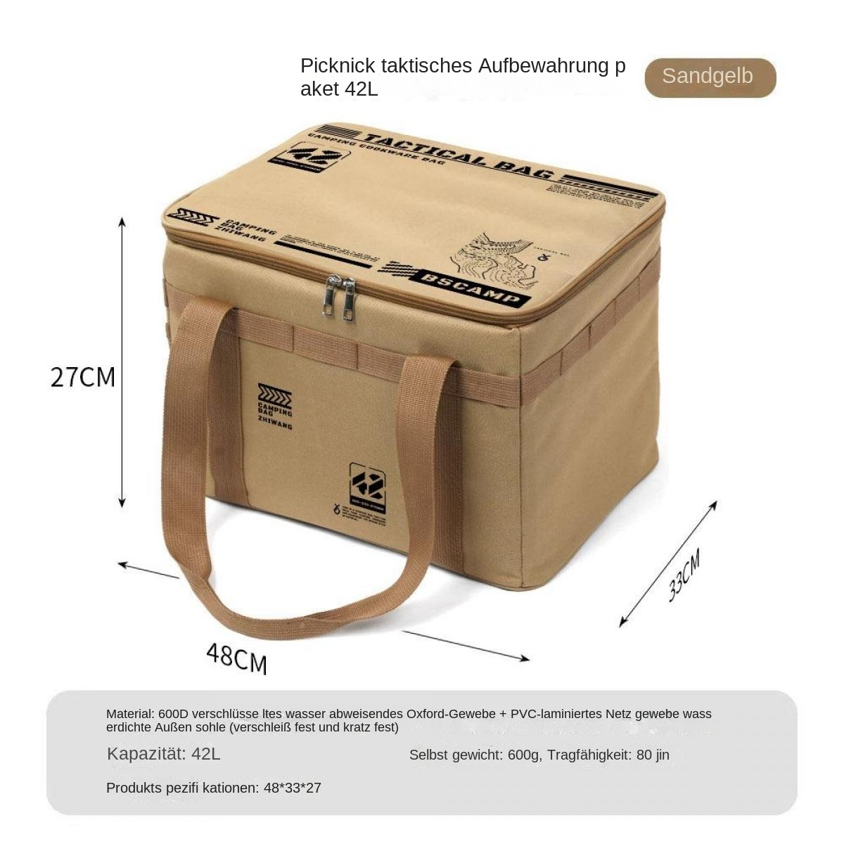 Sandfarbene taktische Picknicktasche, 42L, Maße 48x33x27cm.