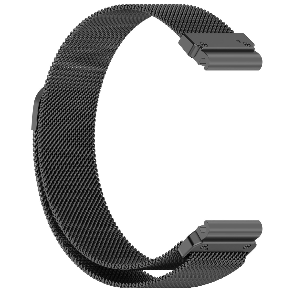 Cinturino per orologio in rete nera con chiusura magnetica e bordi definiti.