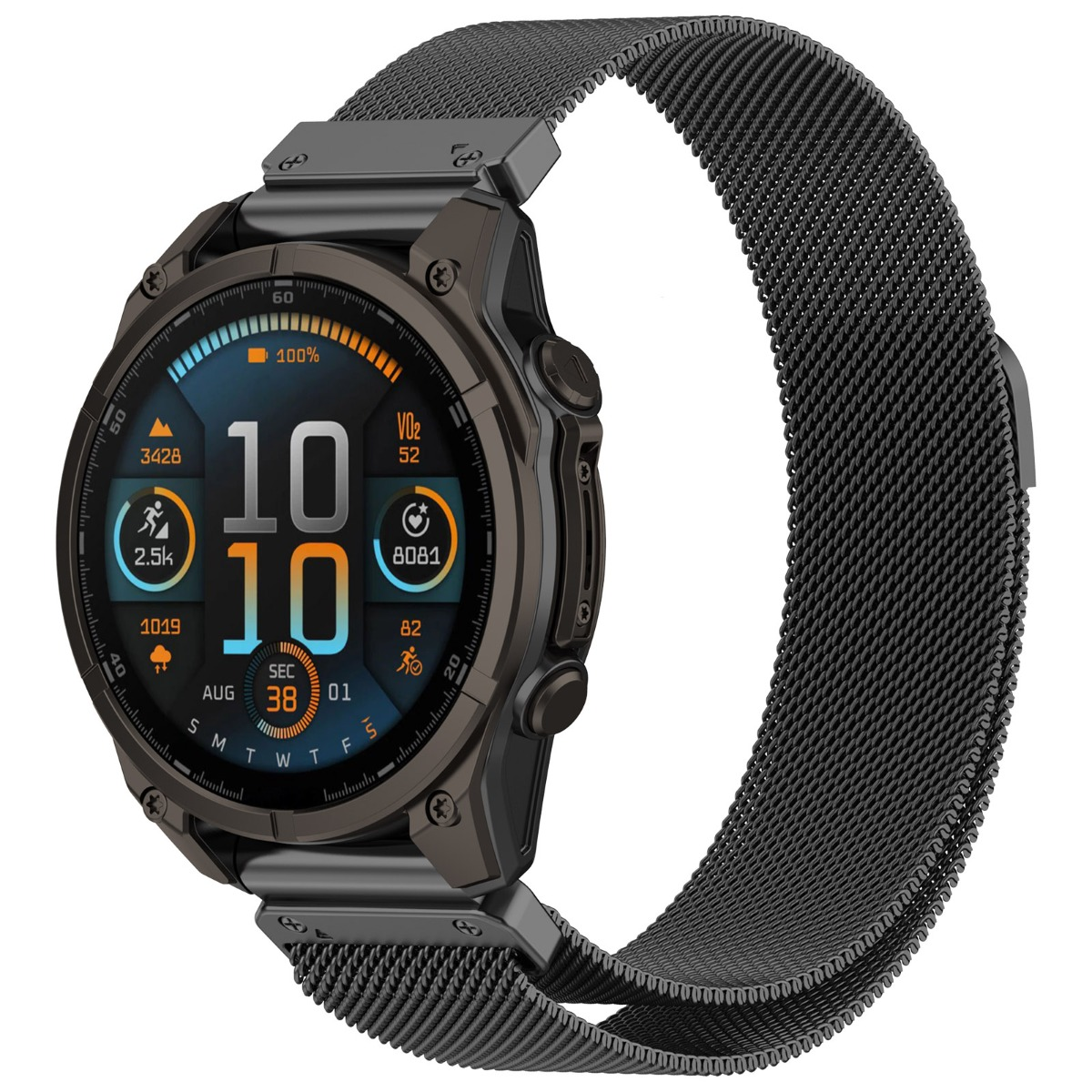Smartwatch grigio scuro con cinturino milanese nero e display digitale.