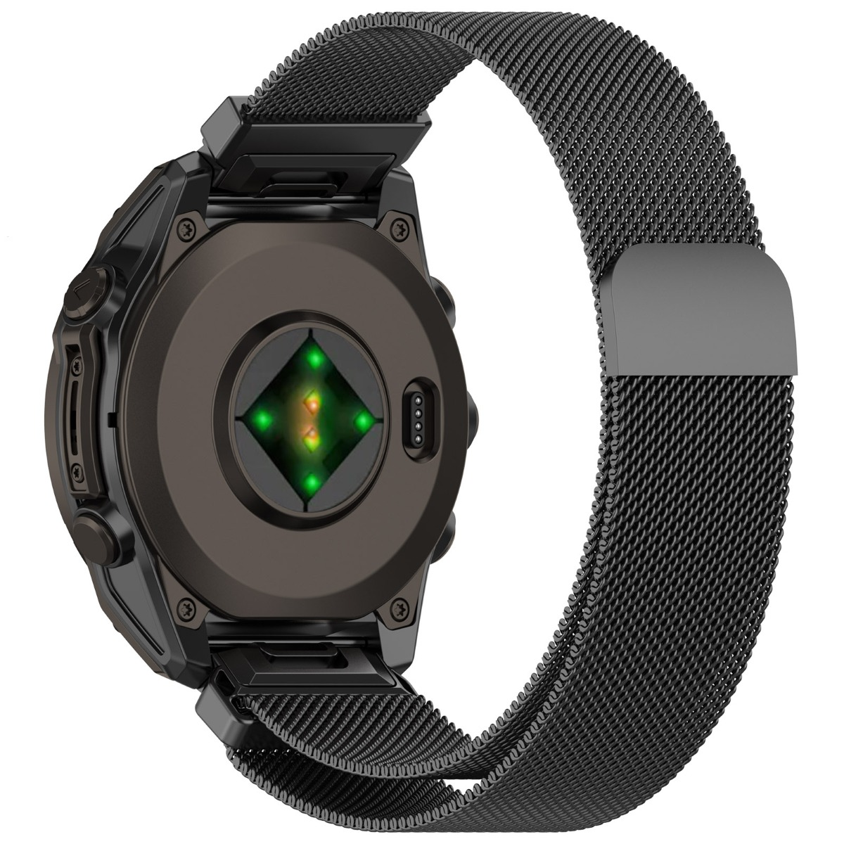 Retro di uno smartwatch nero con sensore di frequenza cardiaca e cinturino in rete.