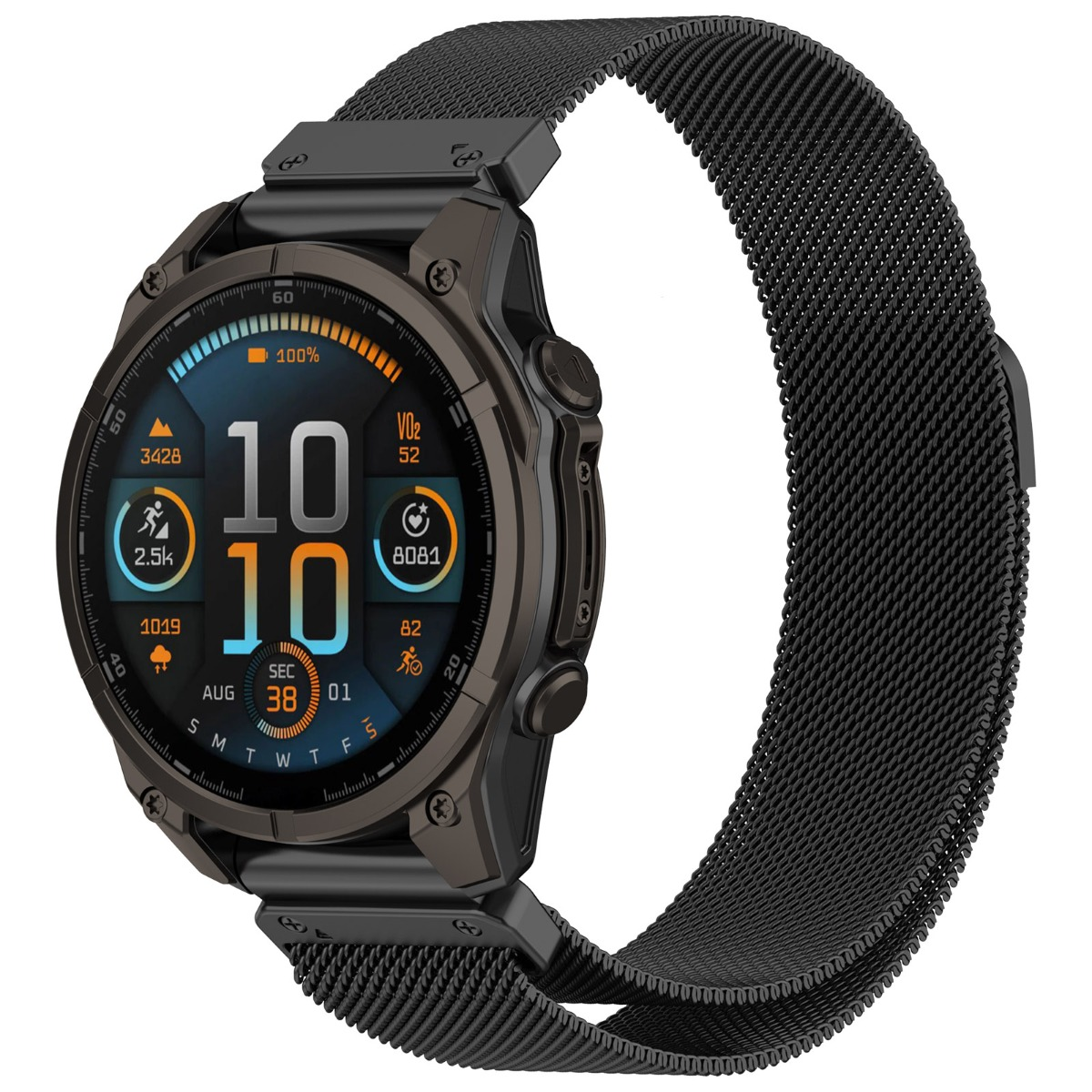Smartwatch grigio scuro con cinturino milanese nero e display dati sportivi.