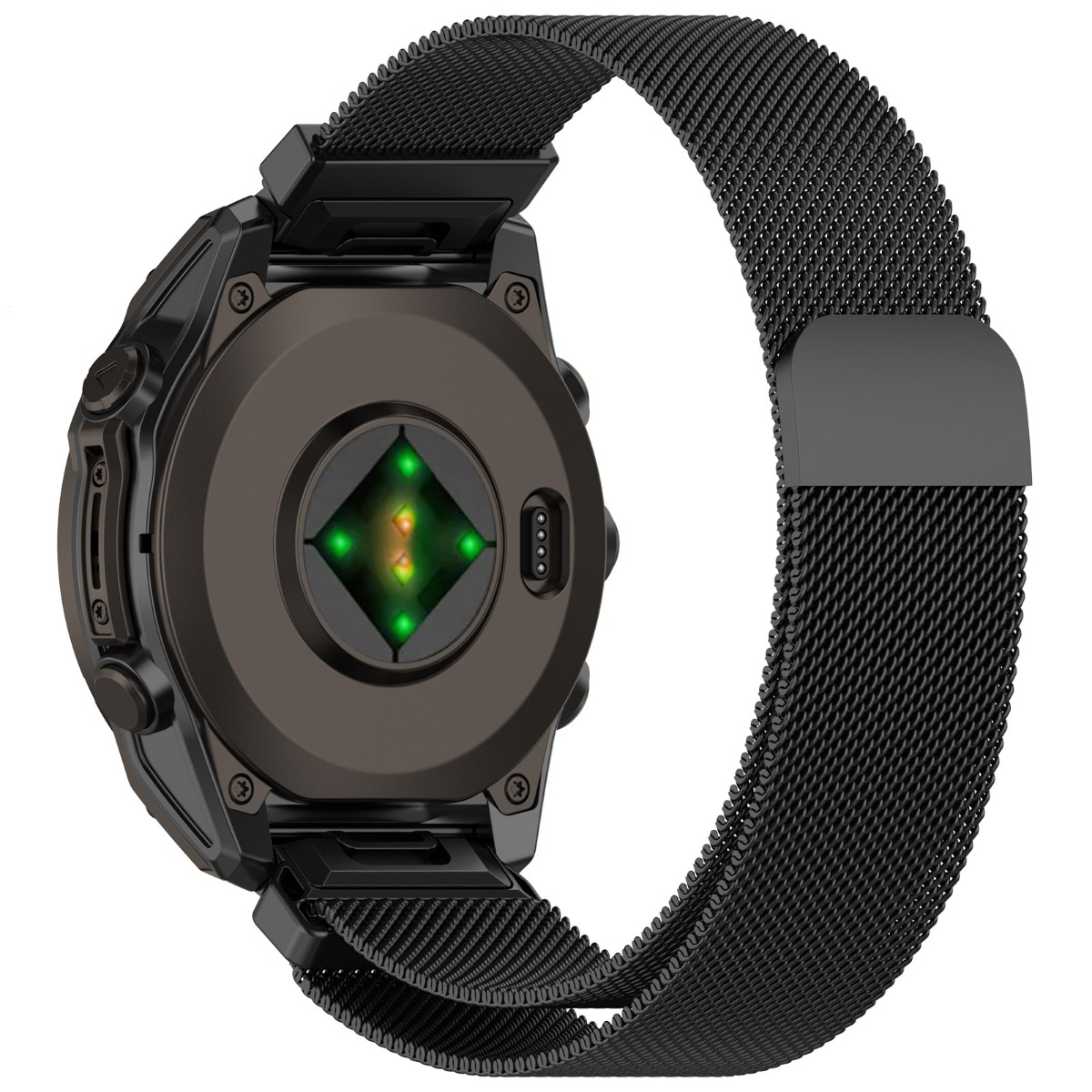 Smartwatch nero con sensore battito cardiaco e cinturino in metallo.