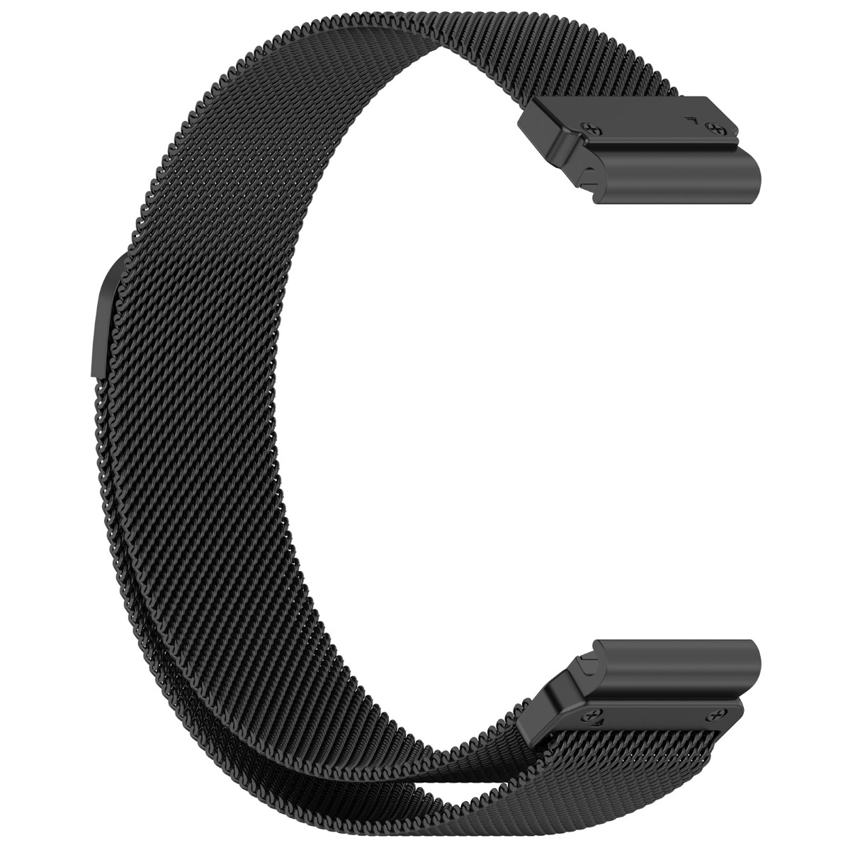 Un cinturino per orologio in rete nera con chiusura magnetica, su sfondo bianco.