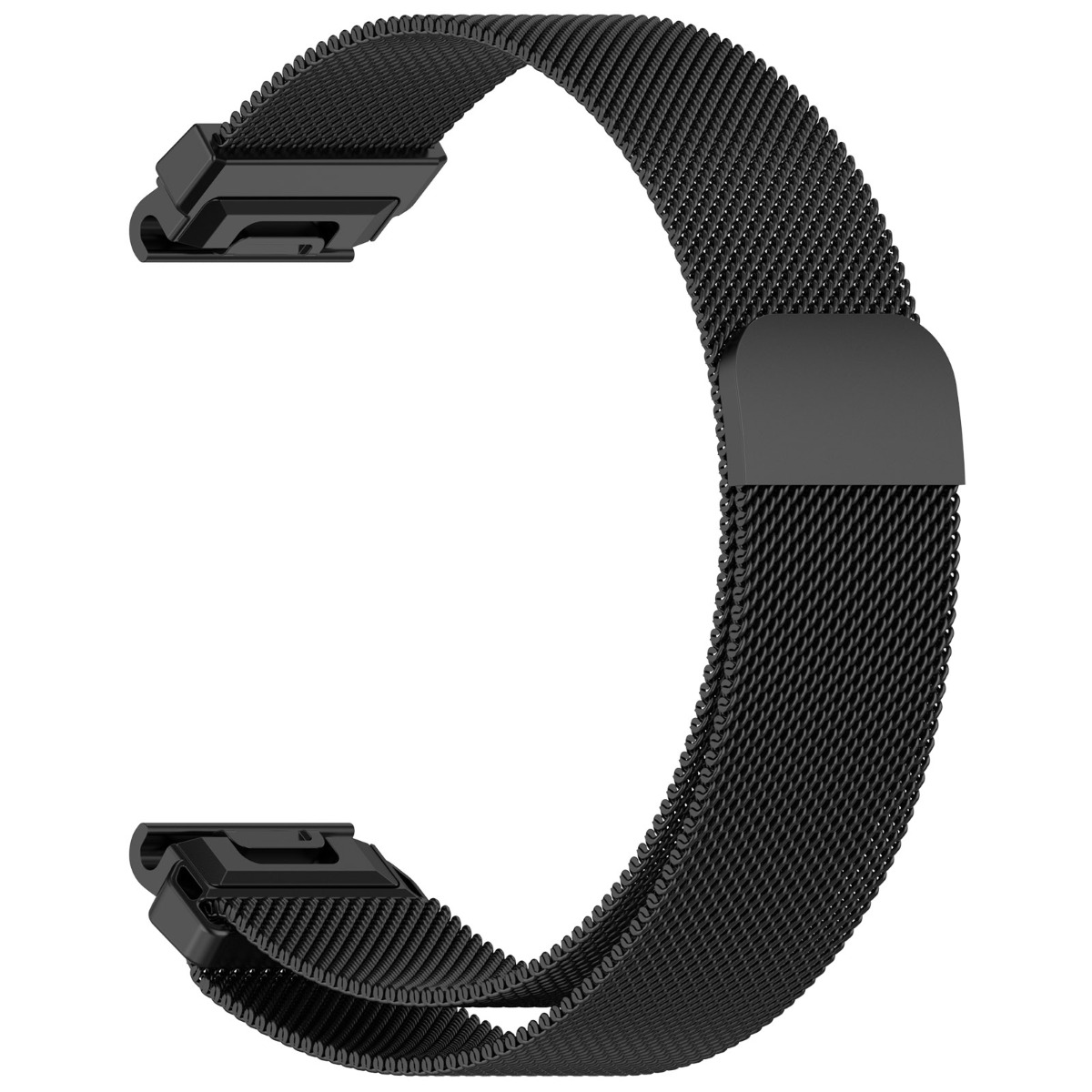 Un cinturino nero, flessibile, in maglia milanese con chiusura a gancio e chiusura magnetica.