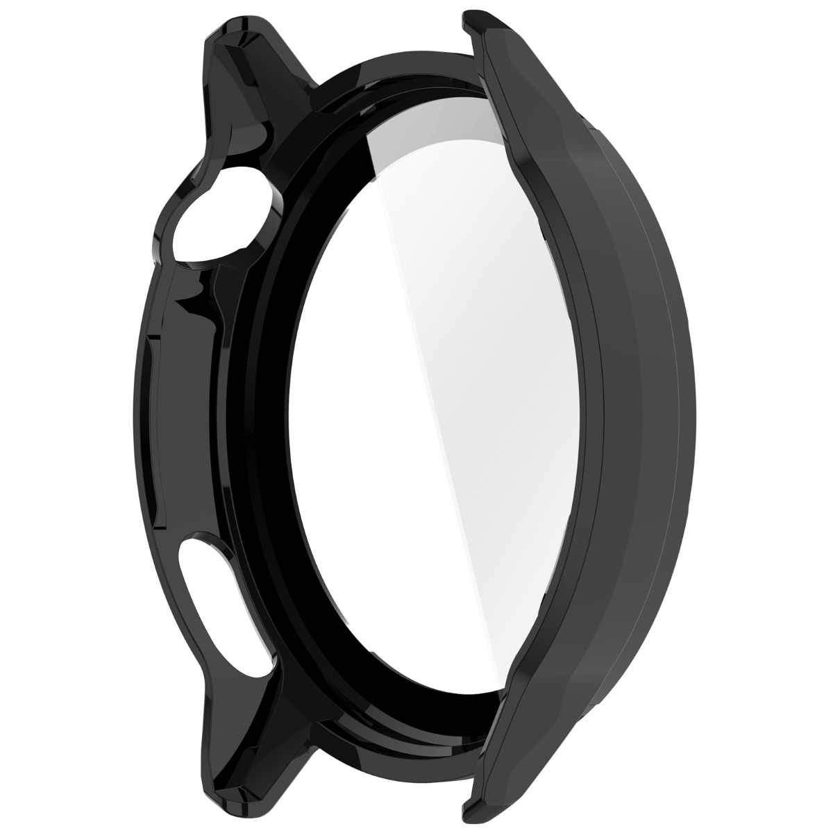 Custodia protettiva nera per display smartwatch rotondo con ritagli.
