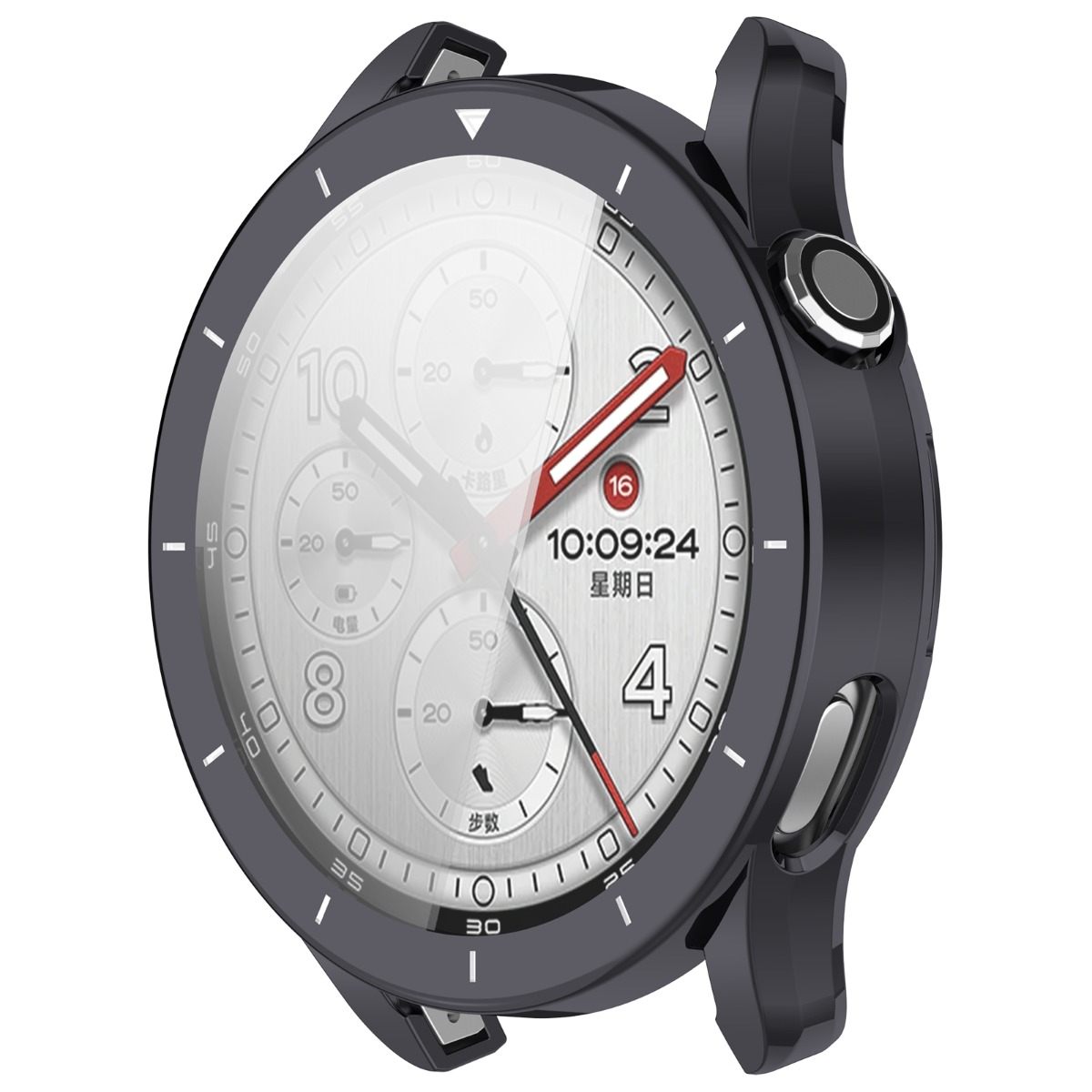 Graue Smartwatch mit silbernem Zifferblatt, rotem Zeiger und digitaler Anzeige.