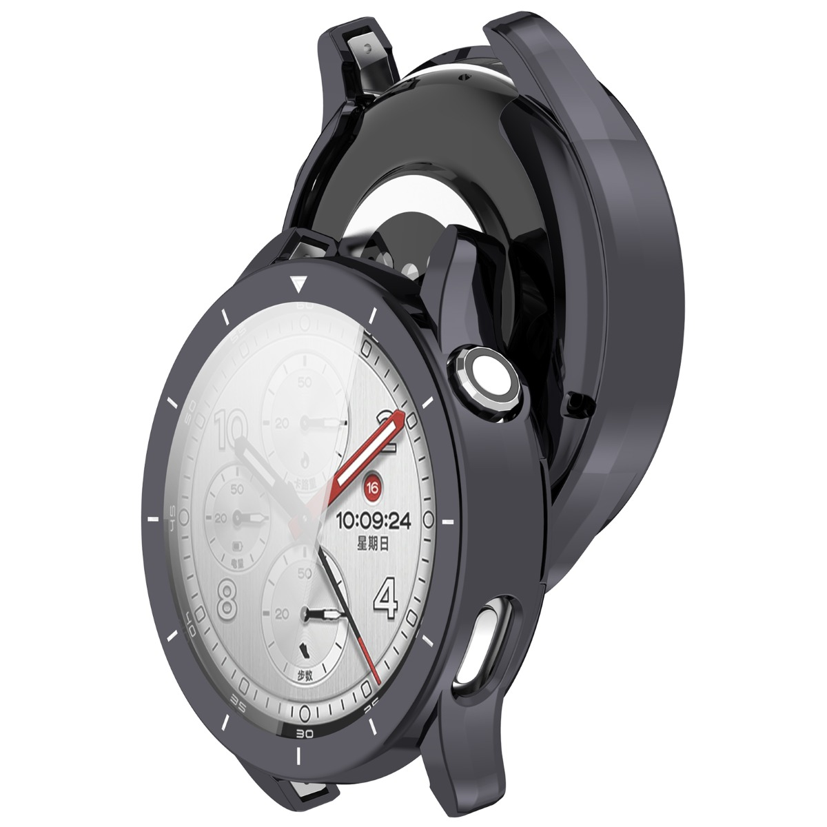 Eine schwarze Schutzhülle für eine Smartwatch mit silbernem Zifferblatt.