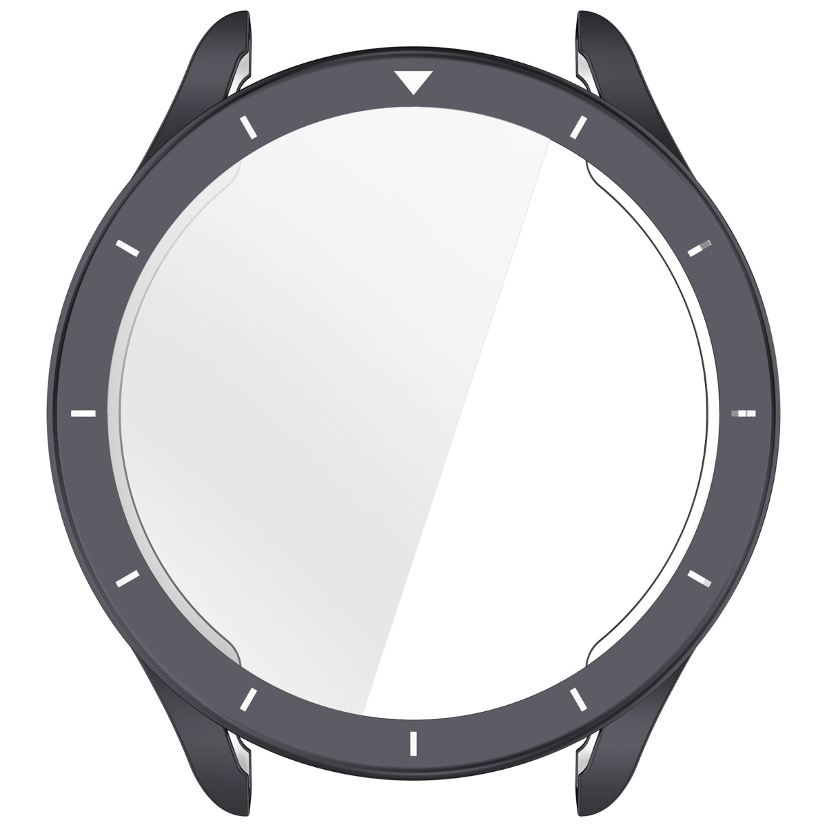 Ein dunkelgraues Smartwatch-Zifferblatt mit leerem weißem Bildschirm und Zeitmarkierungen.