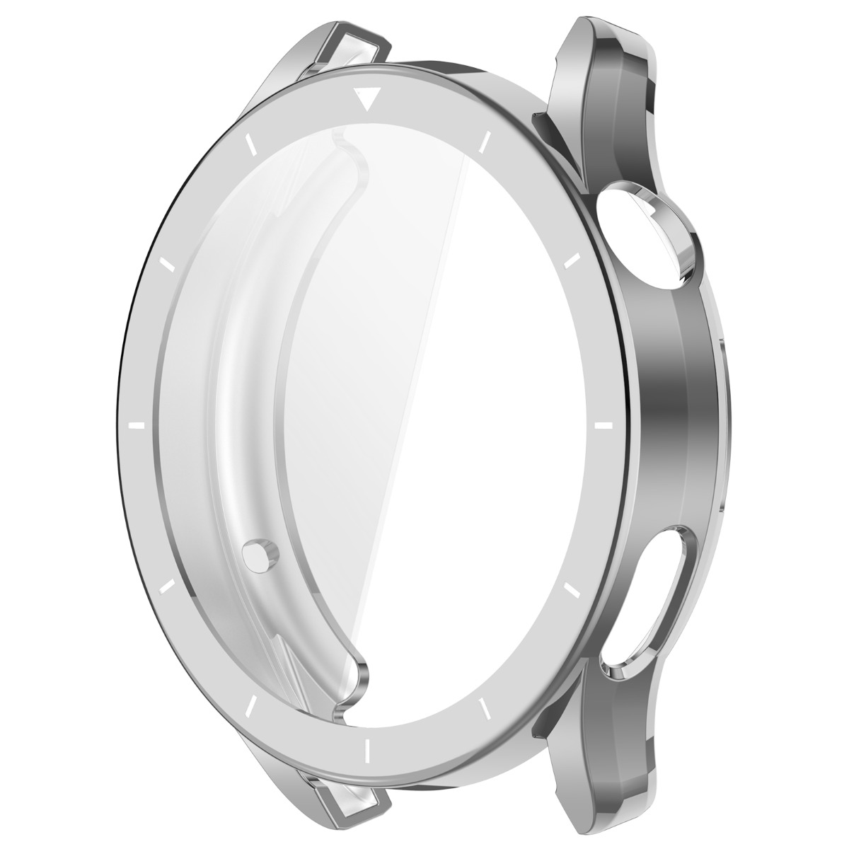 Silberfarbene Schutzhülle für eine runde Smartwatch mit Knöpfen.