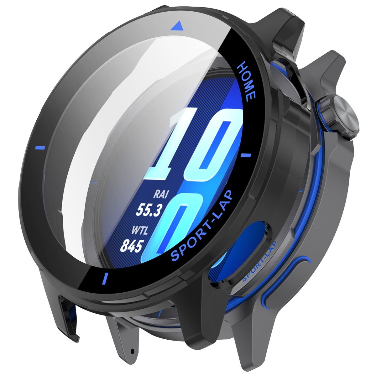 Uno smartwatch nero con display blu che mostra '10' e 'SPORT-LAP'.