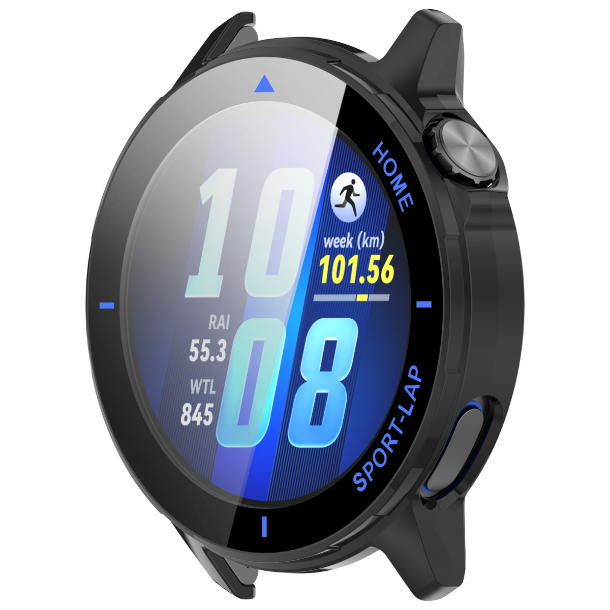 Smartwatch nero con display rotondo che mostra 10:08, 101,56 km e dati sportivi.