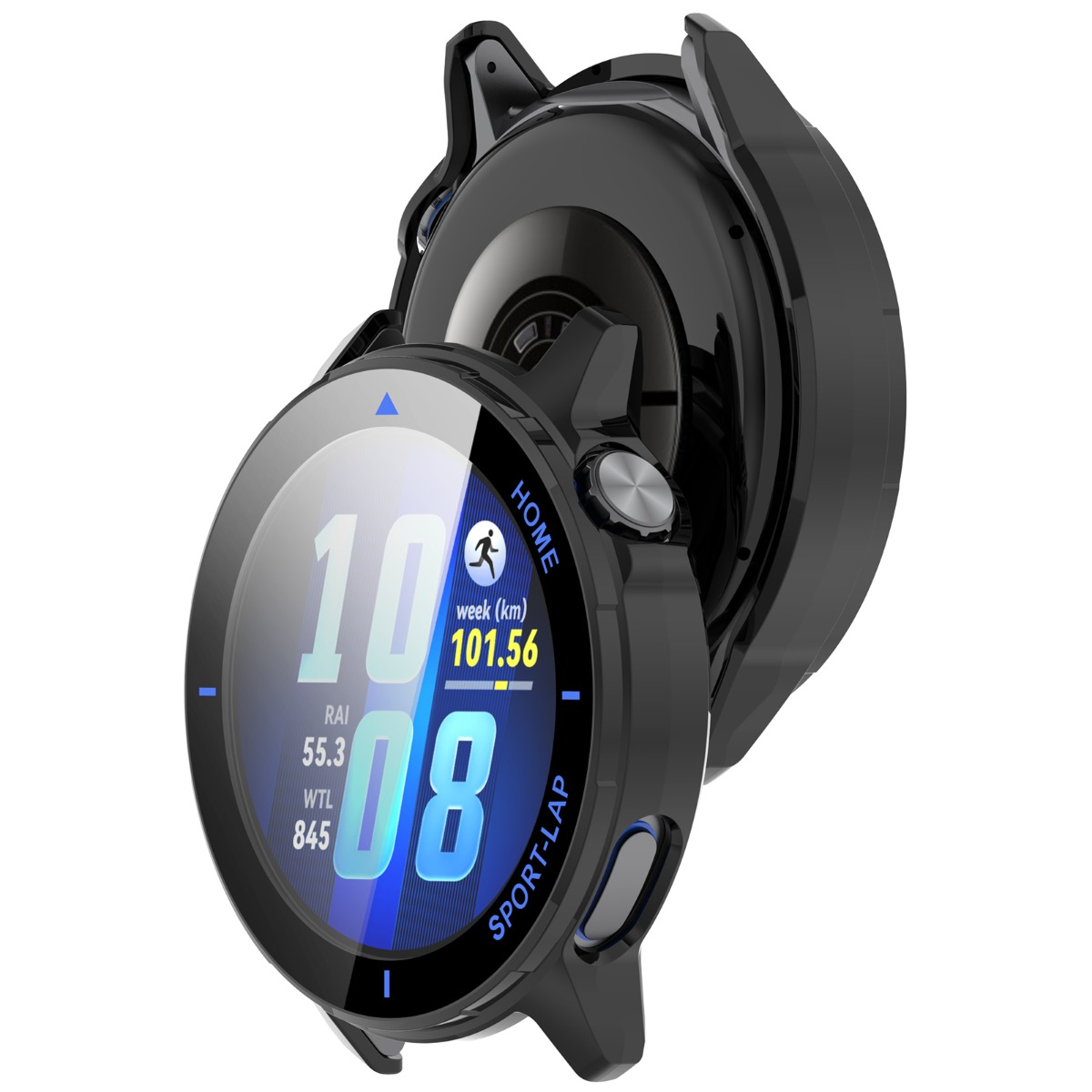 Smartwatch nero con display rotondo che mostra 10:08, statistiche di corsa e distan