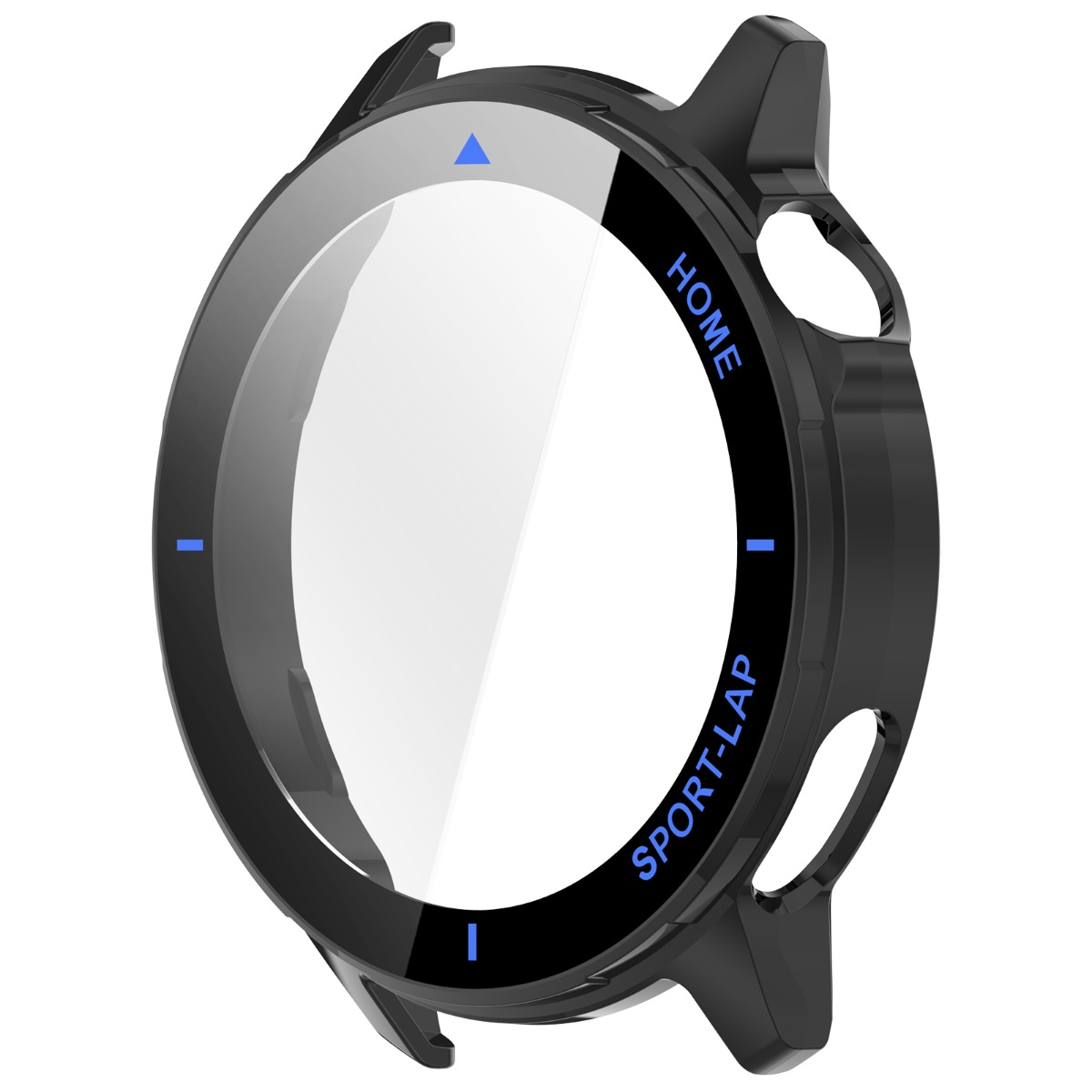 Protezione schermo smartwatch nera con indicatori e testo blu.