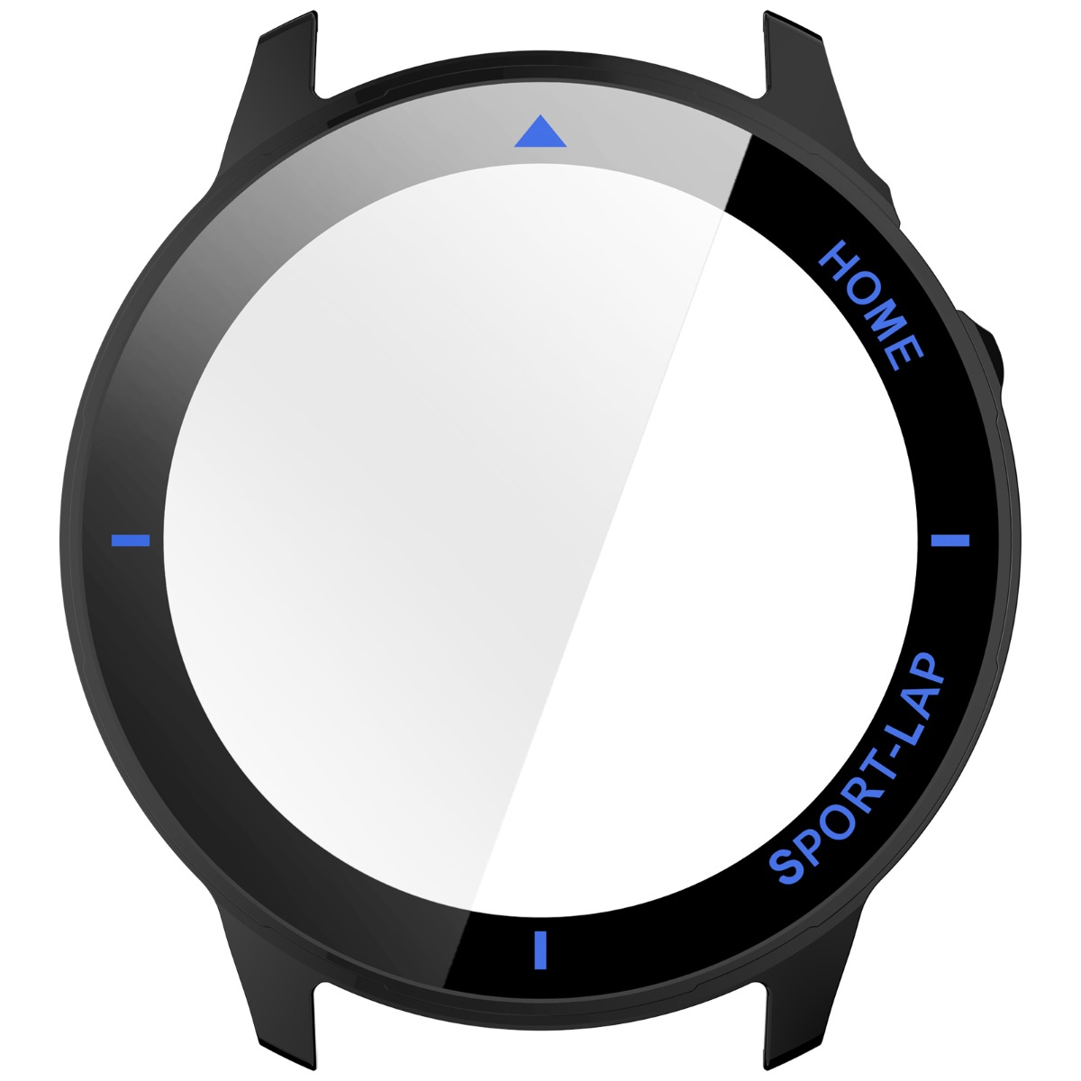 Cassa nera per smartwatch con display bianco e segni blu.