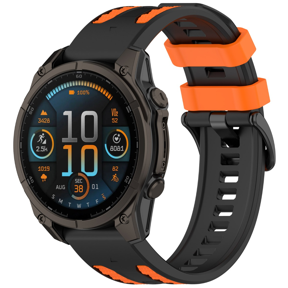 Eine schwarze Smartwatch mit orangen Akzenten zeigt Uhrzeit, Schritte und VO2-Max.