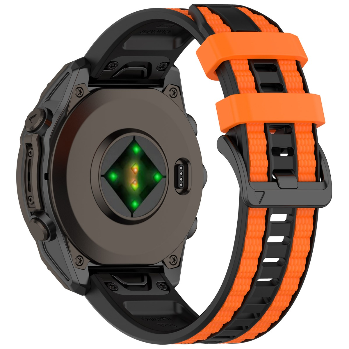 Rückansicht einer schwarzen Uhr mit orangen Akzenten. Herzfrequenzsensor leuchtet grün.