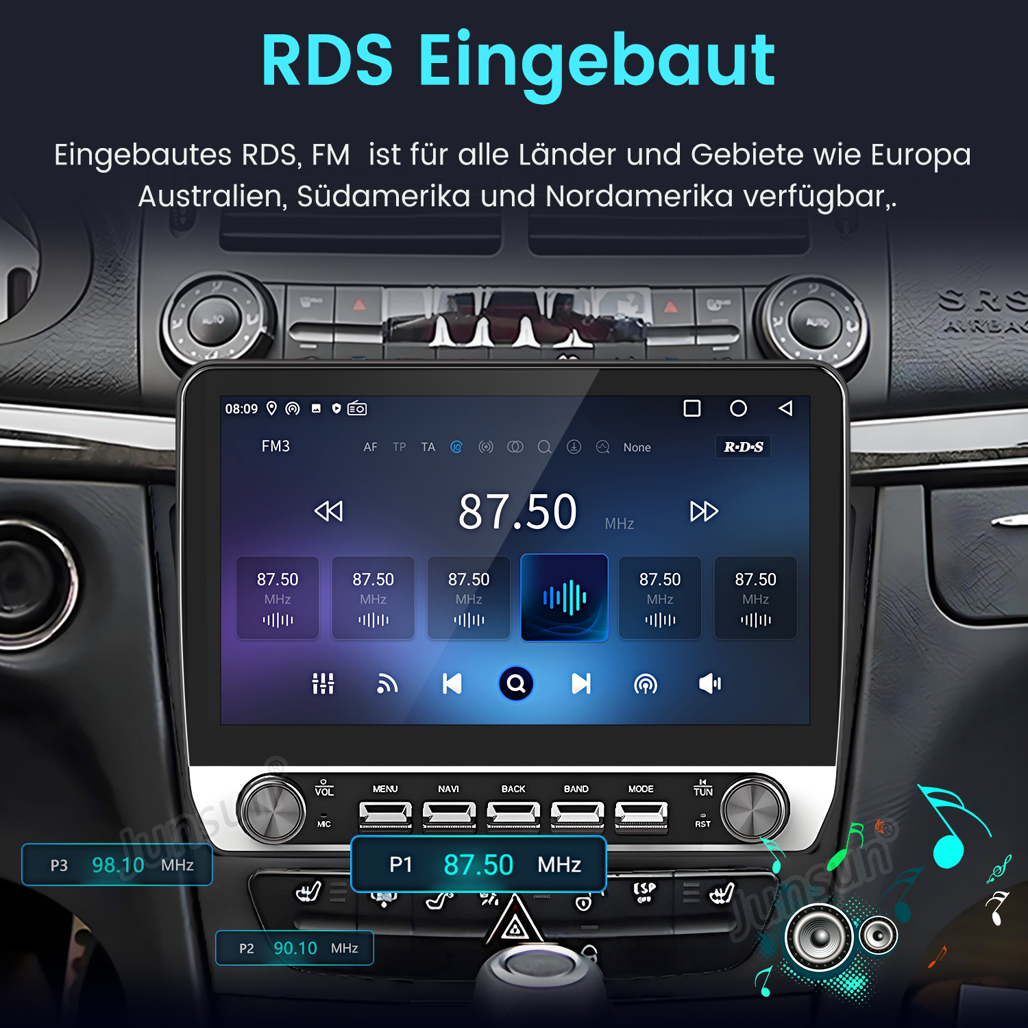 Ein Autoradio-Bildschirm zeigt FM-Sender mit 87.50 MHz und voreingestellten Frequenzen.