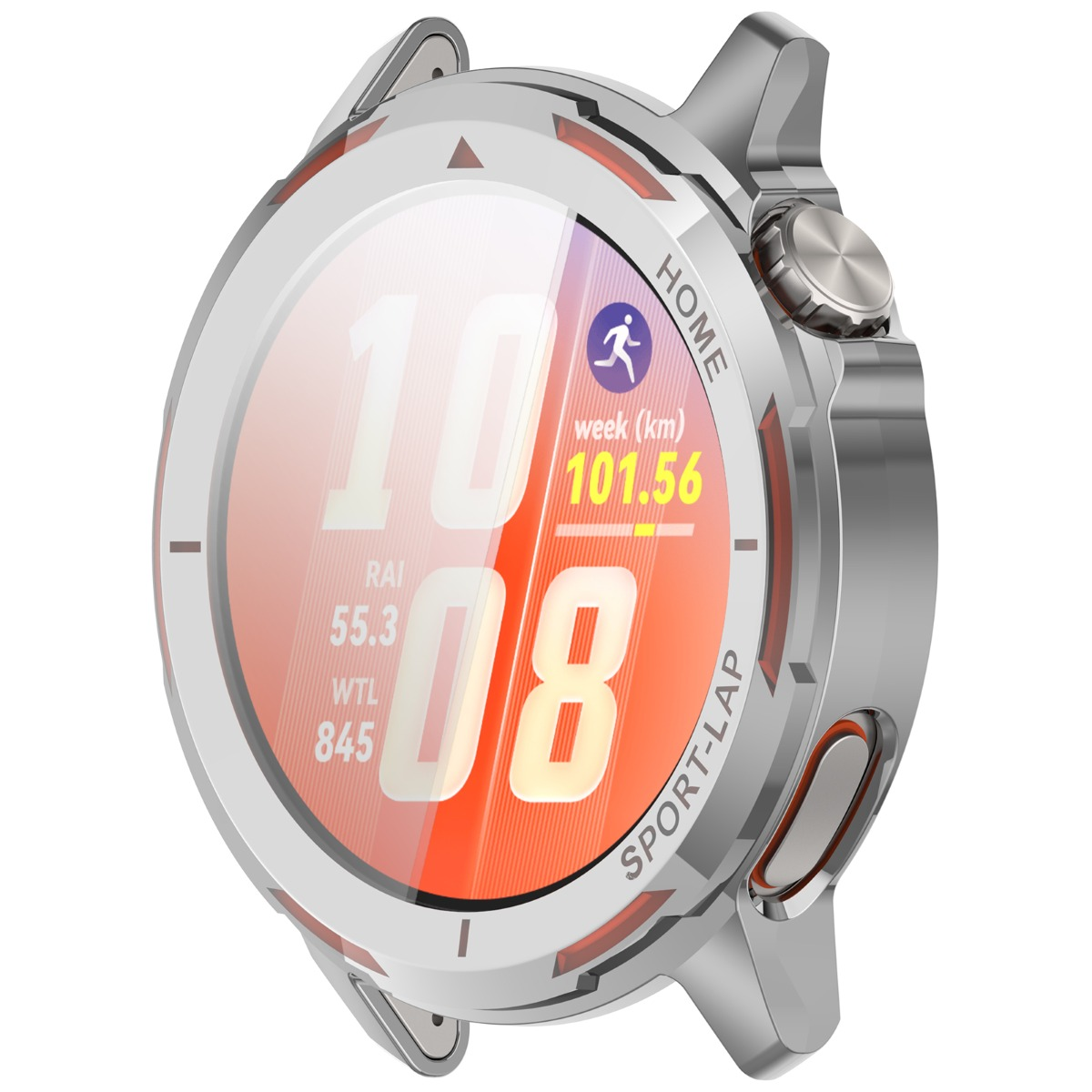 Silberne Smartwatch mit orangefarbenem Display, zeigt Zeit und Laufdaten.