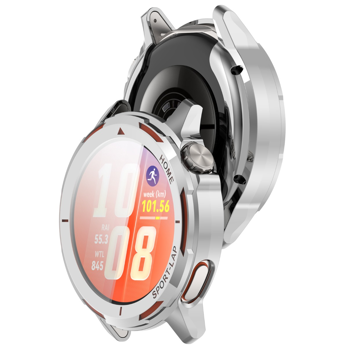 Silberne Smartwatch mit offenem Gehäuse, zeigt Zeit und Sportdaten an.