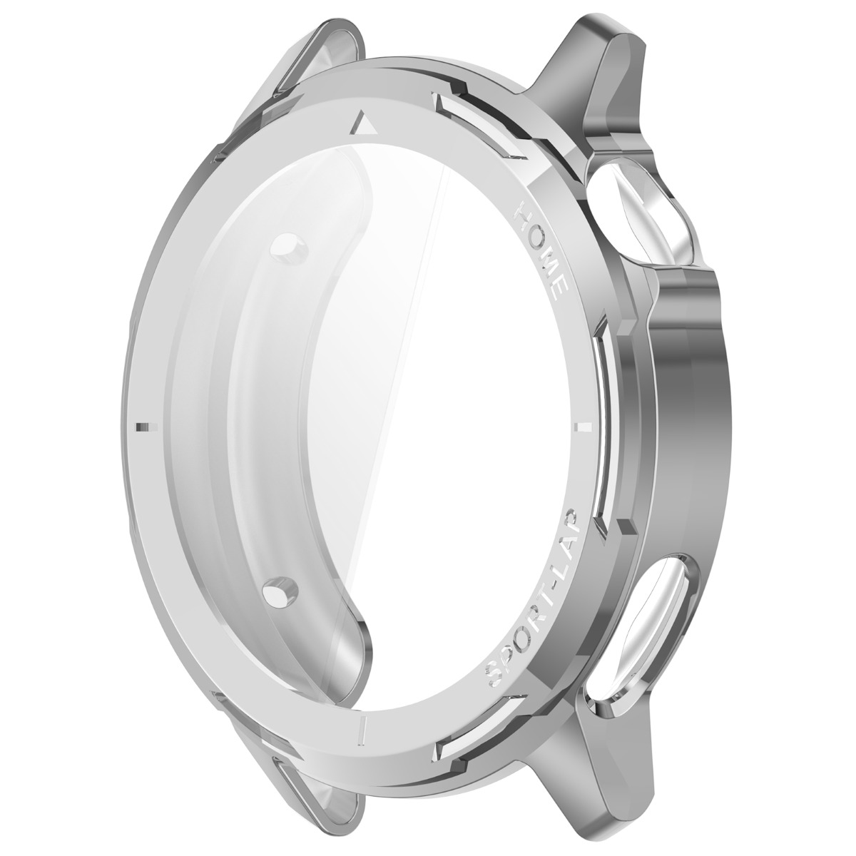 Silberne Schutzhülle für eine Smartwatch mit klarem Einsatz.
