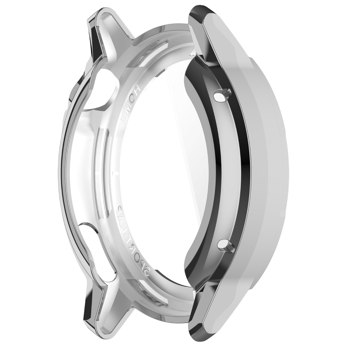 Transparente Schutzhülle für eine Smartwatch, die das silberne Gehäuse zeigt.