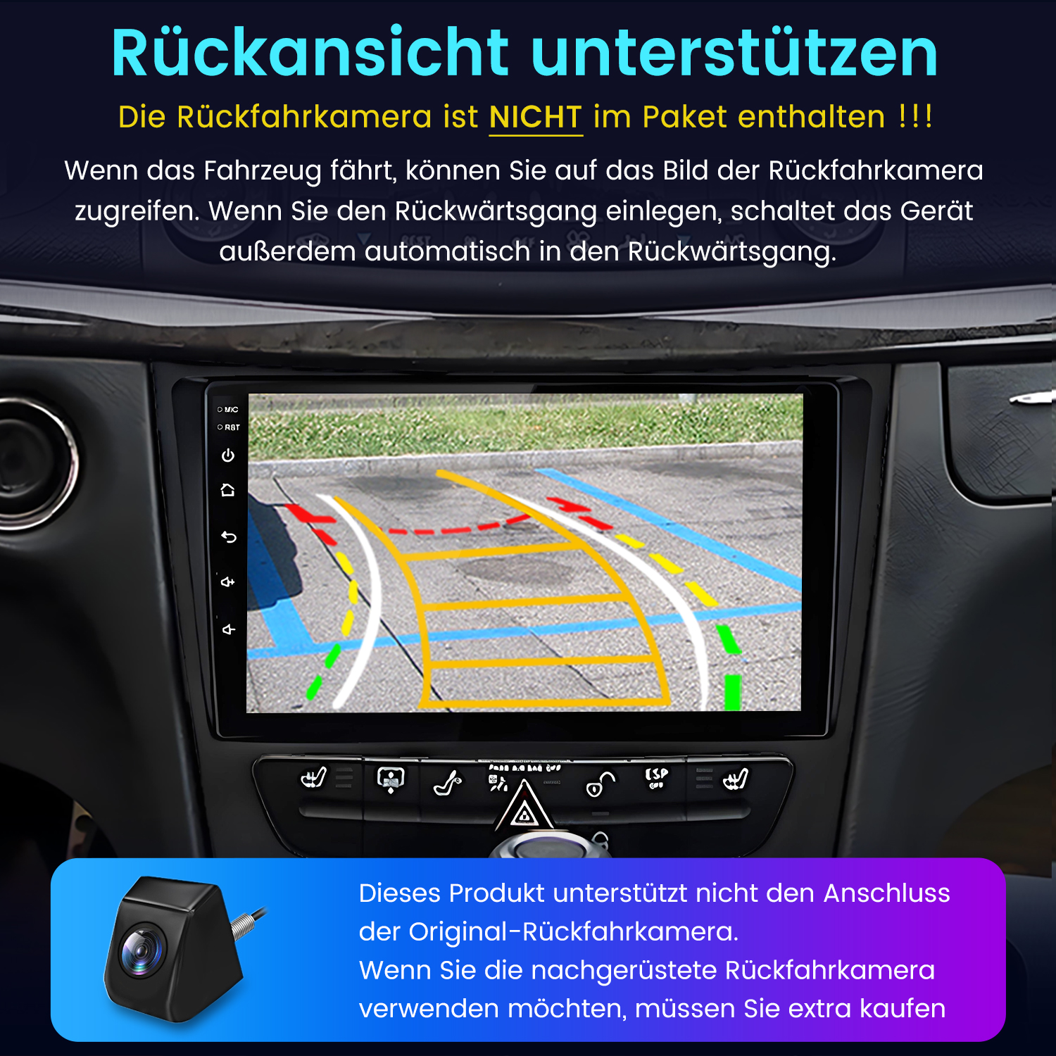 Auto-Rückfahrkamera-Bildschirm mit Hilfslinien und einer separaten Kamera.