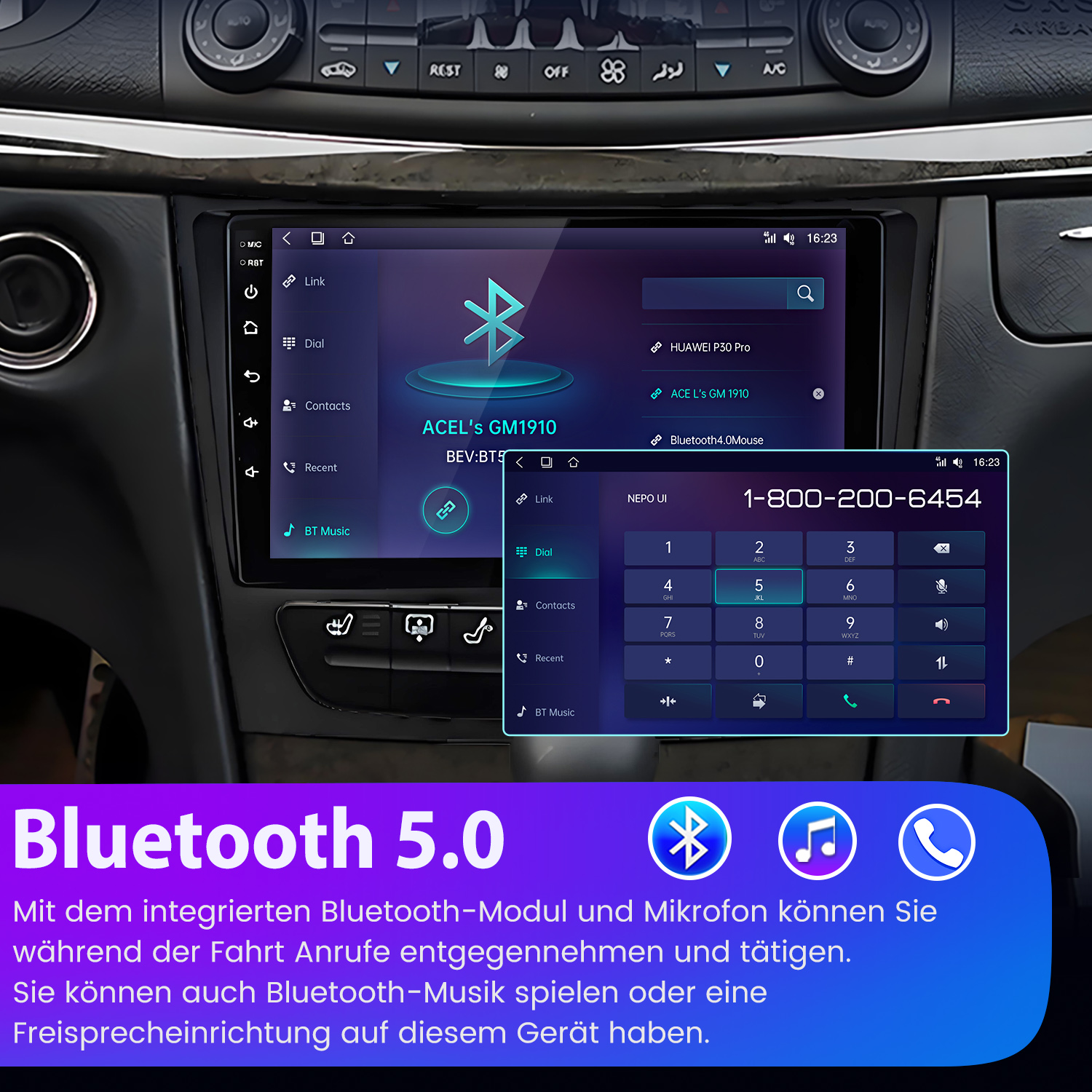 Ein Auto-Infotainmentsystem zeigt einen Telefonbildschirm mit Bluetooth-Symbolen.