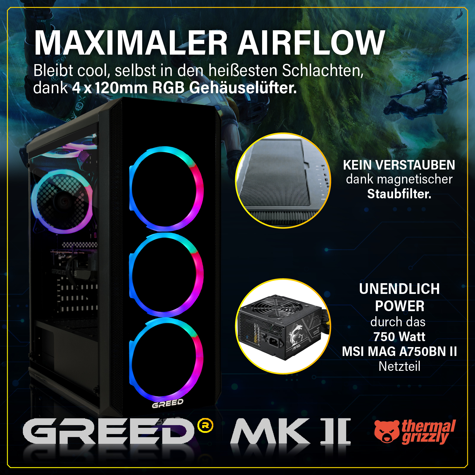 Obudowa PC z wentylatorami RGB, zasilaczem i filtrem przeciwkurzowym.