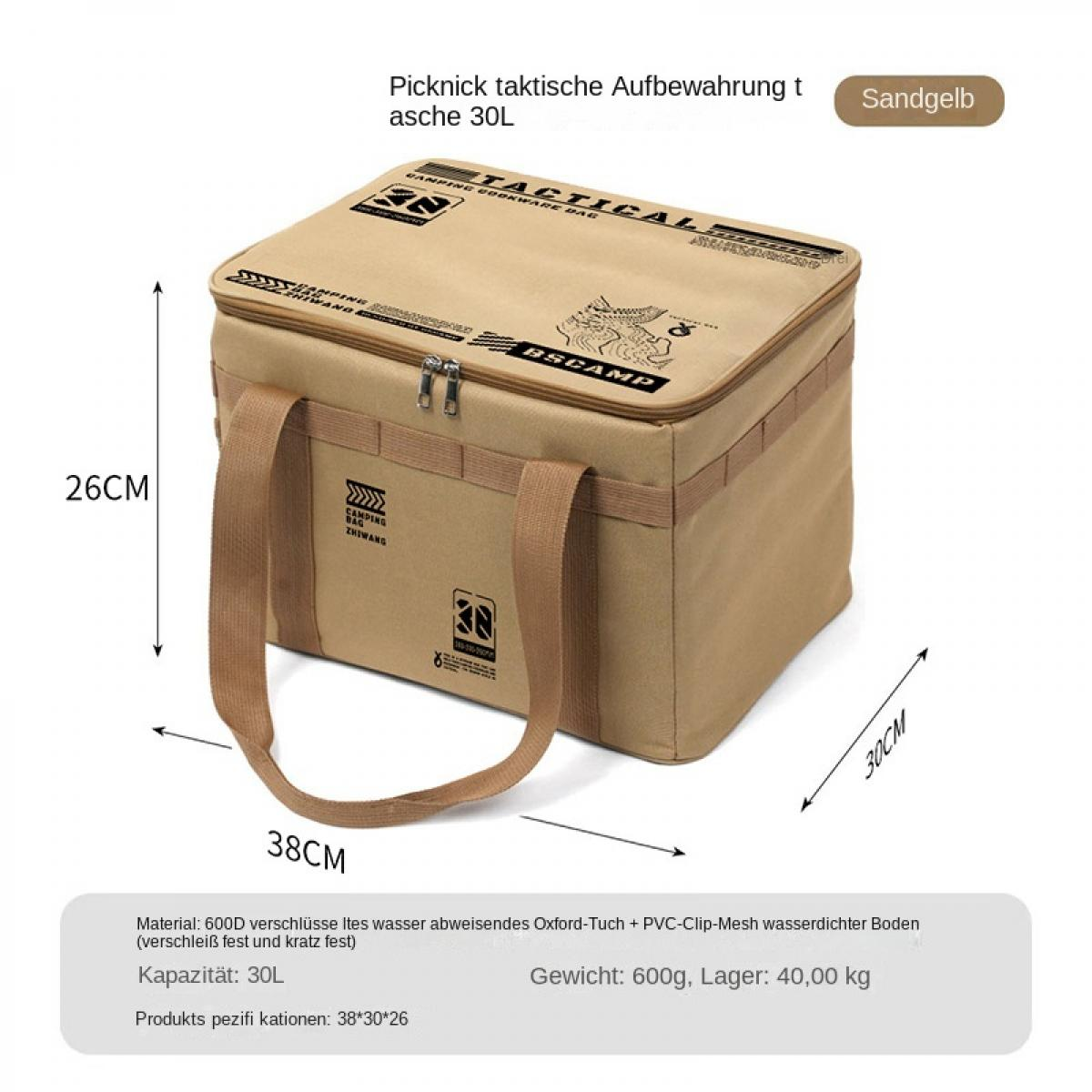 Beige taktische Kühltasche mit Henkeln, Maße 38x30x26cm.
