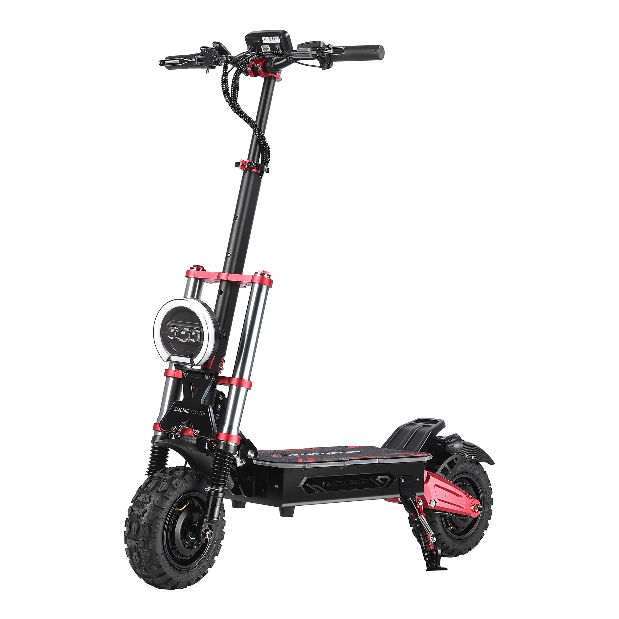 Uno scooter elettrico nero con accenti rossi e pneumatici larghi.