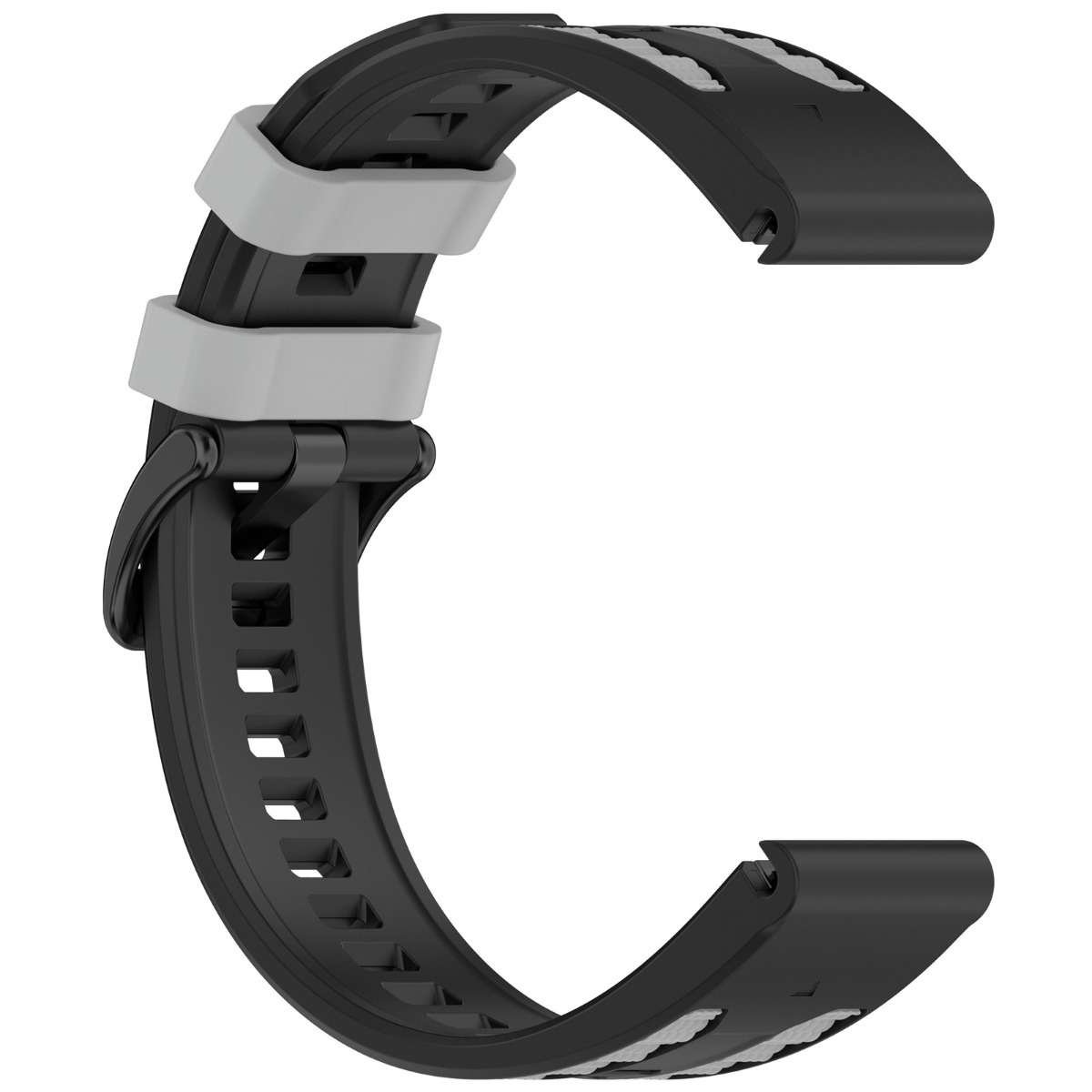 Ein schwarzes Uhrenarmband mit grauen Akzenten und Schnalle.