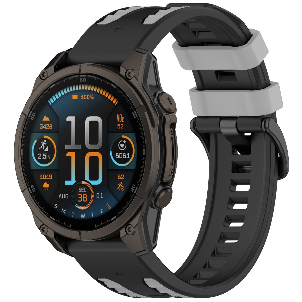 Eine graue Smartwatch mit schwarzem Armband und einem digitalen Display, das Zeit, Datum und Fitnessdaten anzeigt.