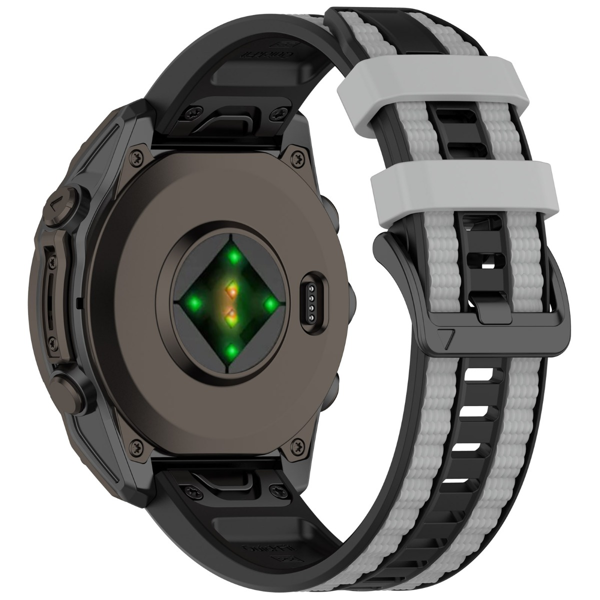 Nahaufnahme der Rückseite einer Smartwatch mit Herzfrequenzsensor und zweifarbigem Armband.