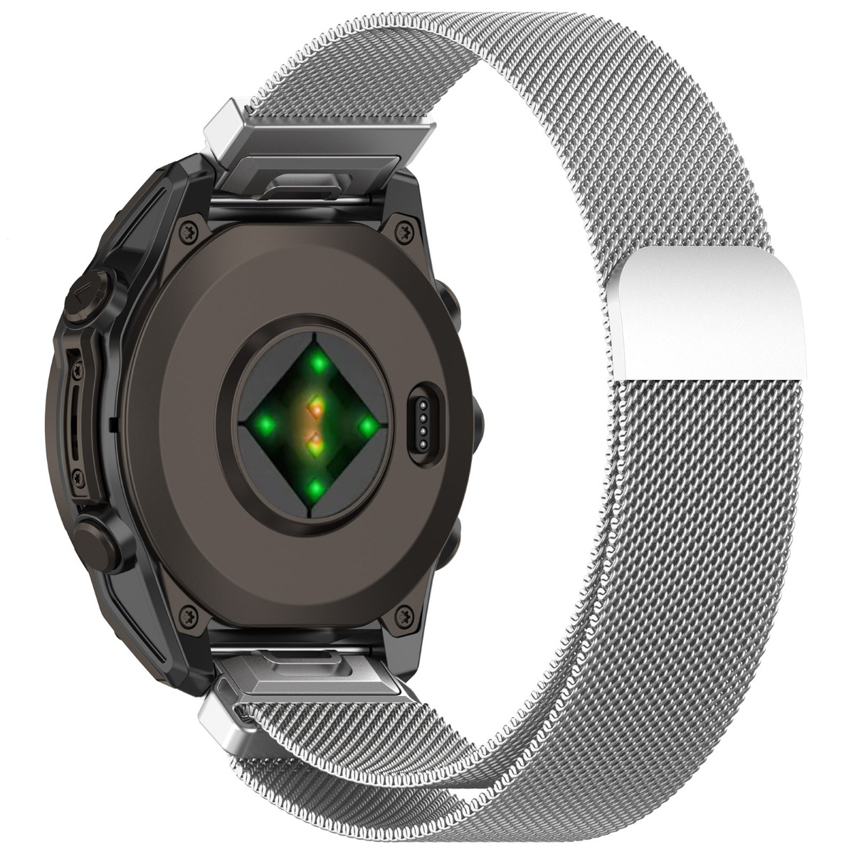 Rückseite einer dunkelgrauen Smartwatch mit Herzfrequenzsensor und silbernem Mesh-Armband.