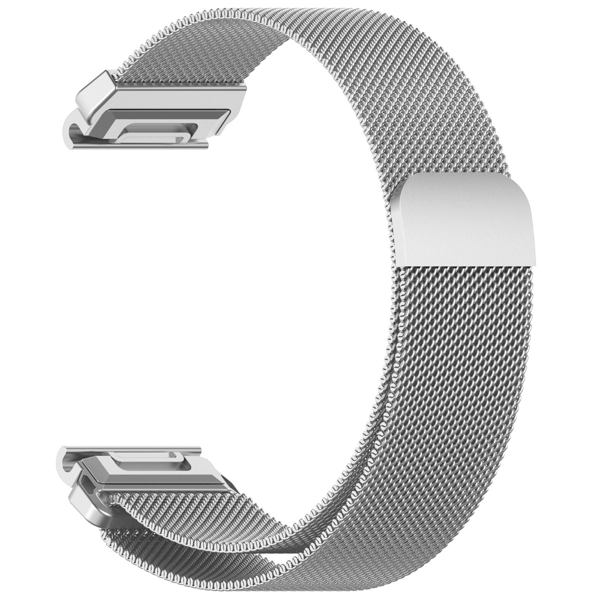 Ein silbernes Metallarmband für eine Uhr mit Magnetschnalle.