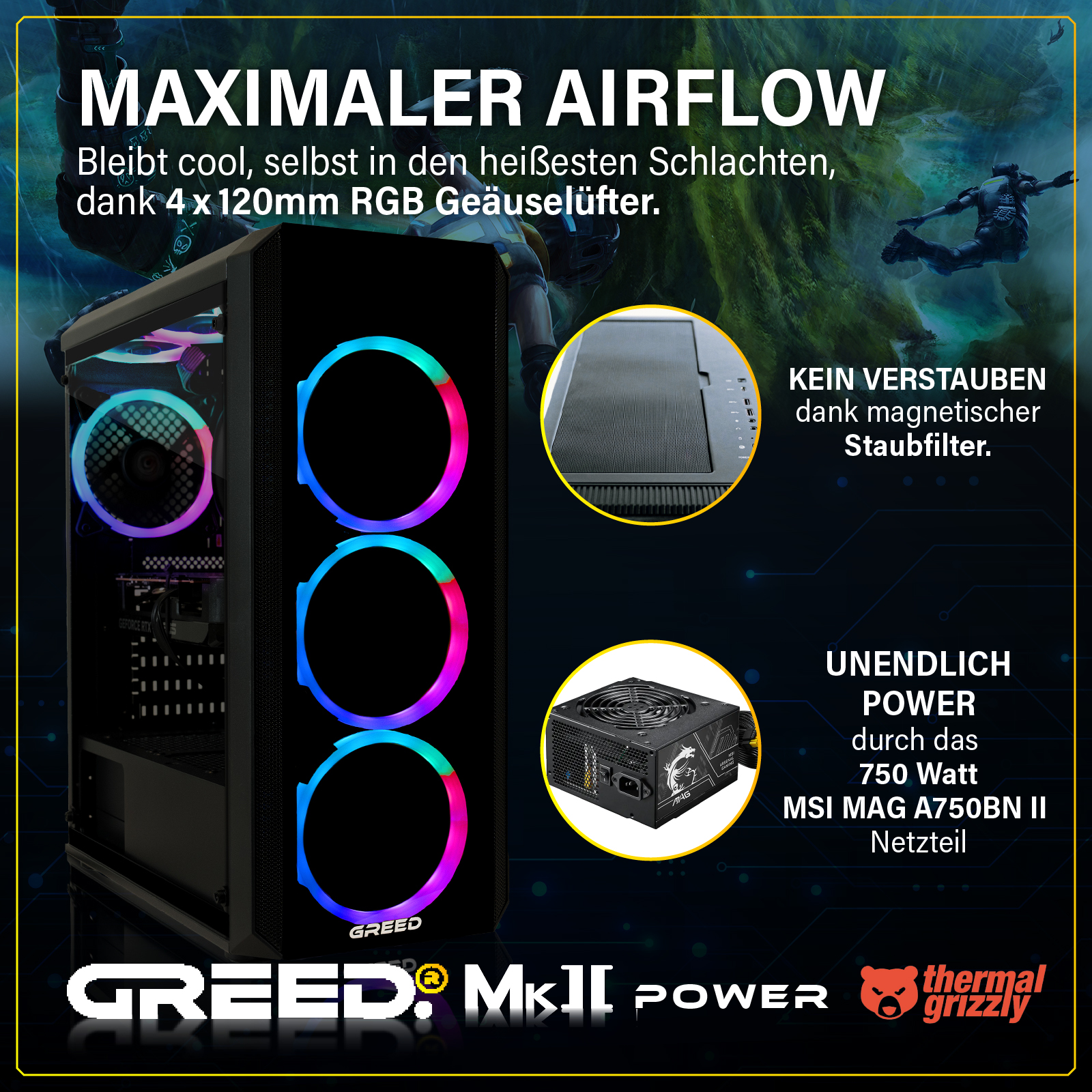 Obudowa PC z wentylatorami RGB, zasilaczem i filtrem przeciwkurzowym.